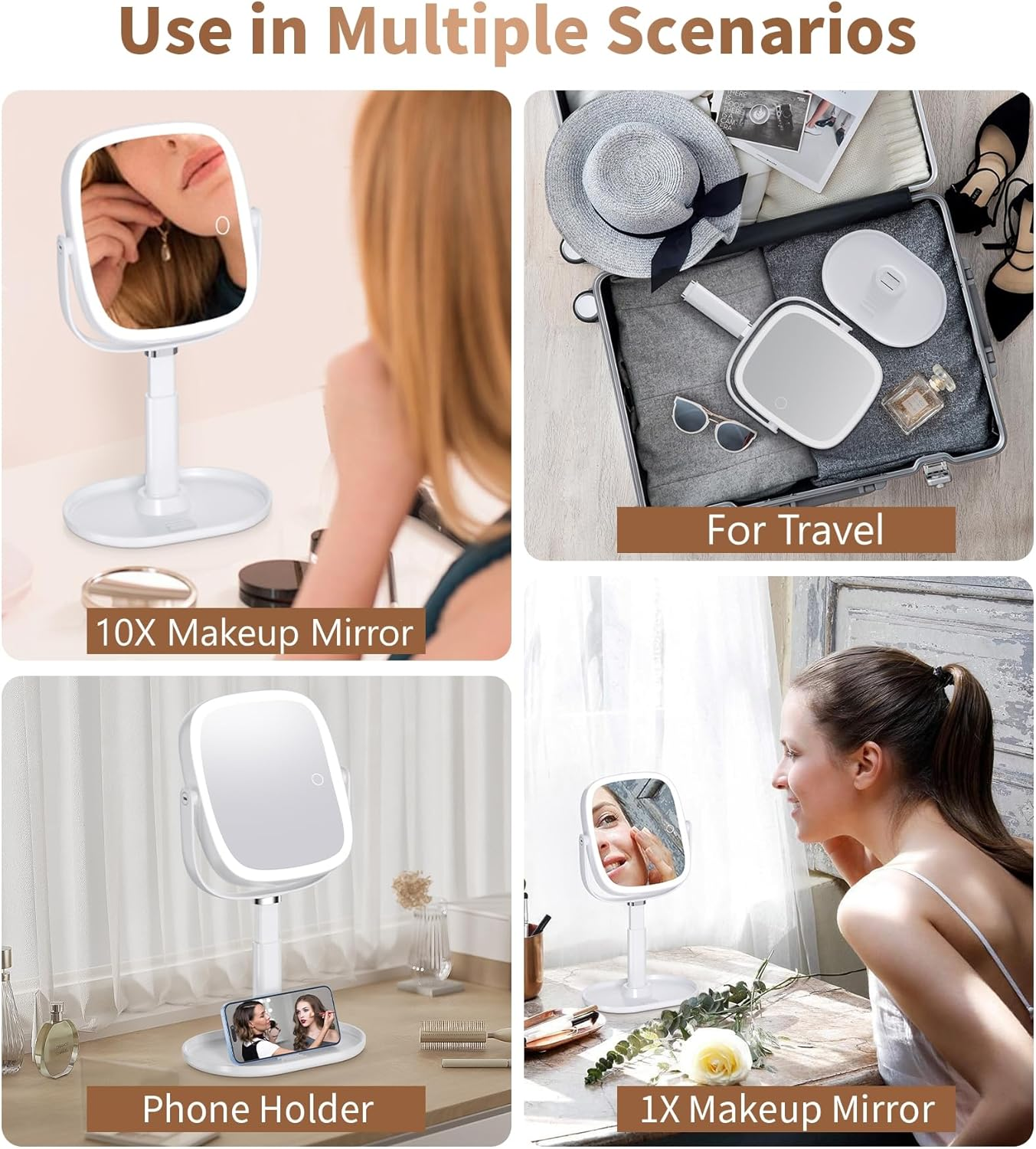 XXZU 64 LED Makeup Mirror with Phone Holder,3000Mah Rechargeable 10X Magnifying Vanity Mirror with Lights,3 Color Lighting & Dimmable Touch Screen Compact Mirrors for Desk,Travel,Bathroom image number 3