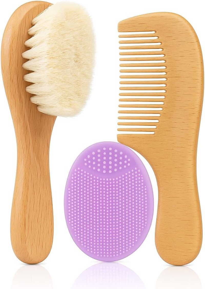 Baby Hair Brush with Wooden Handle and Comb Set for Newborns & Toddlers | Natural Soft Goat Bristles L Wood Comb L Purple Silicone Brush| Ideal for Cradle Cap (3 Piece)
