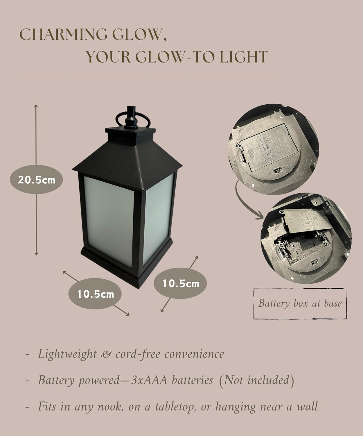 Meletē LED Lantern Light &ndash; 20.5Cm, Vintage Black, Flame Effect, Battery Operated with Timer &ndash; Cordless Hanging or Table Lantern for Indoor D&eacute;cor, Christmas, Weddings, Parties, Gifts image number 4
