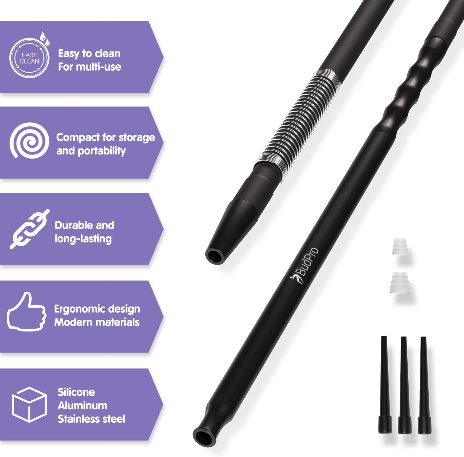 Budpro Long Silicone Hookah Hose B75 190Cm with Aluminum Handle and Spring to Prevent Hookah Hose Flexion image number 4