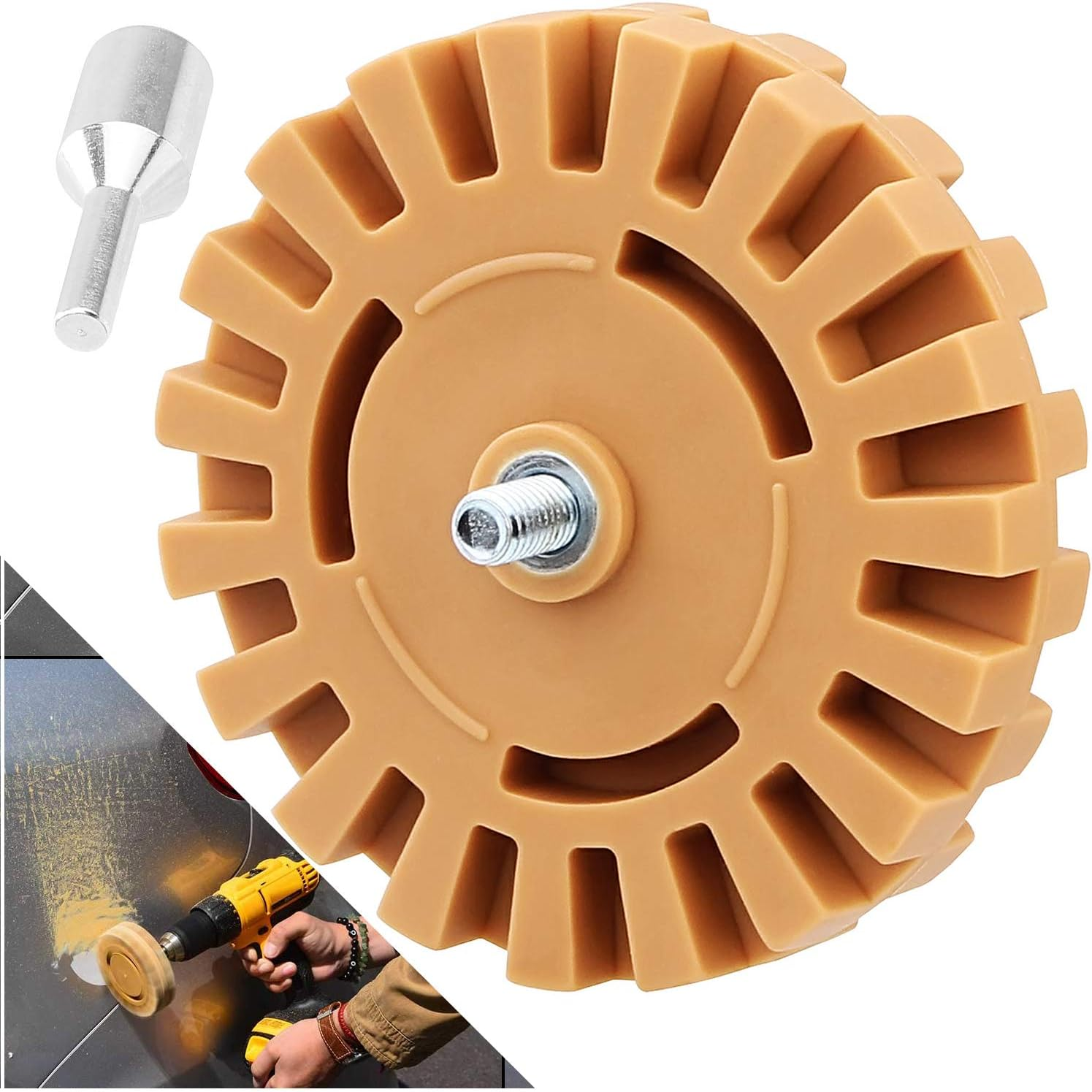 Aconnet Decal Remover Eraser Wheel 4 Inch Rubber Eraser Wheel Sticker Adhesive Remover with Drill Adapter Sticker Remover Tool for Removing Pinstripe, Vinyl Decal, Graphics from Cars, Boats（1 Pack） image number 2