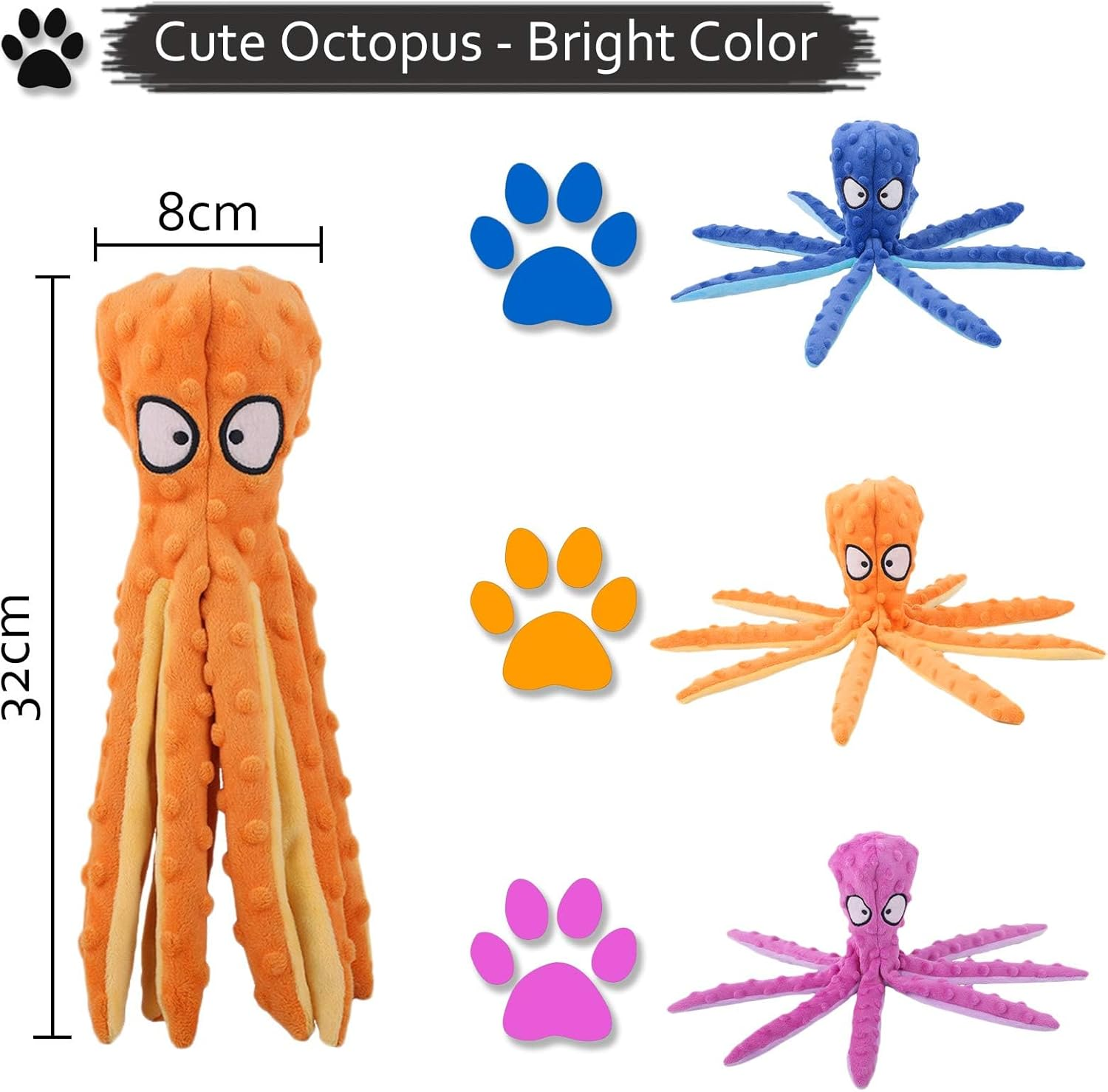Dog Squeaky Toys，Octopus Interactive Play Toy，No Stuffing Plush Dog Chew Toy with Crinkle Paper for Medium and Large Dog Playing (Orange) - Blue image number 4