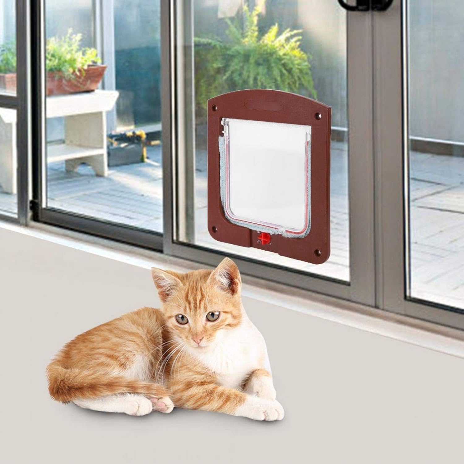 Sliding Glass Cat and Dog Door Insert, Square PP Controllable Switch Pet Door Dog Cat Flap Door Coffee Color