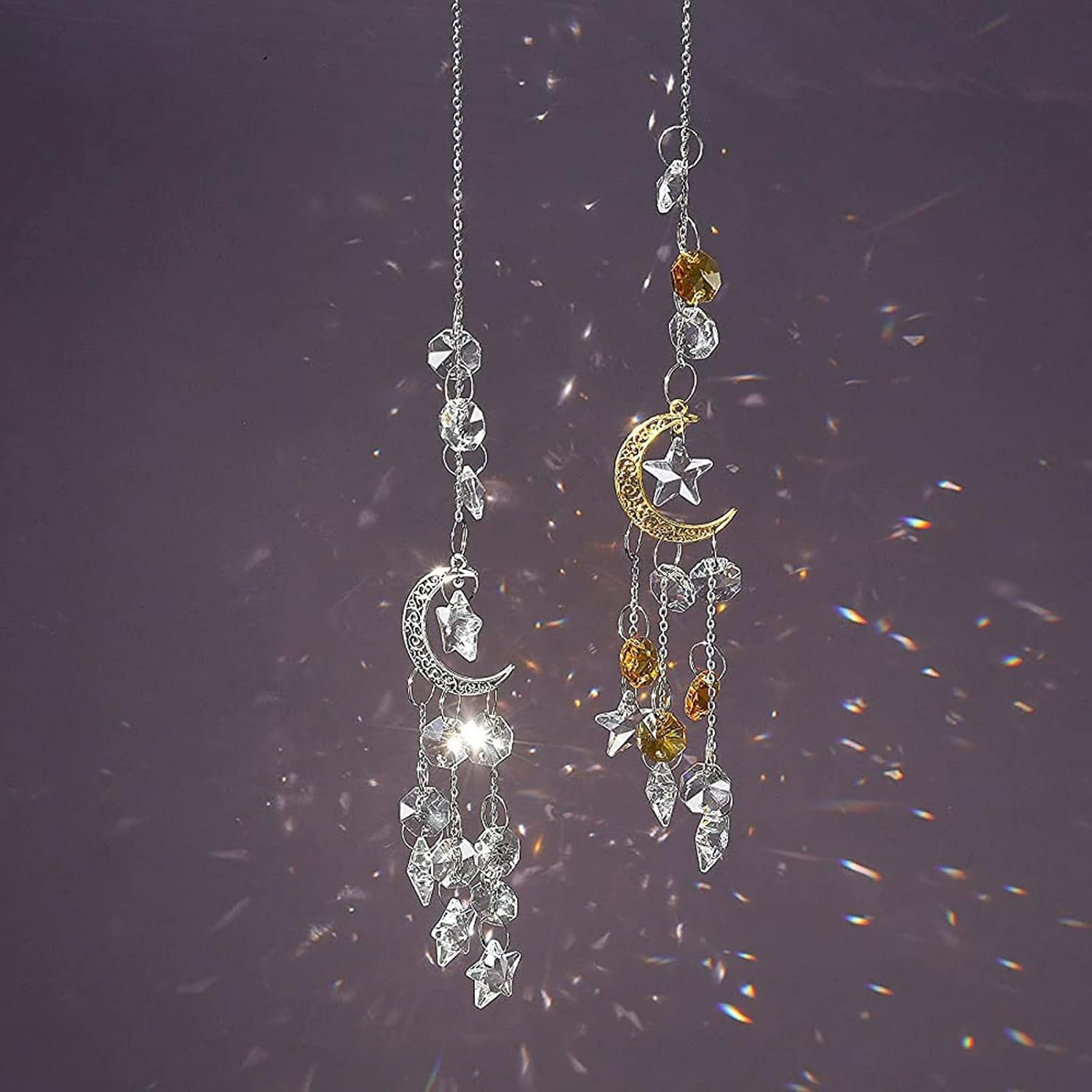 2Pcs Hanging Crystal Sun Catcher, Moon Star Crystal Prism Chain Rainbow Sun Catcher, Home Garden Windows Car Indoor Outdoor, Wedding Decoration (Gold + Silver) image number 2