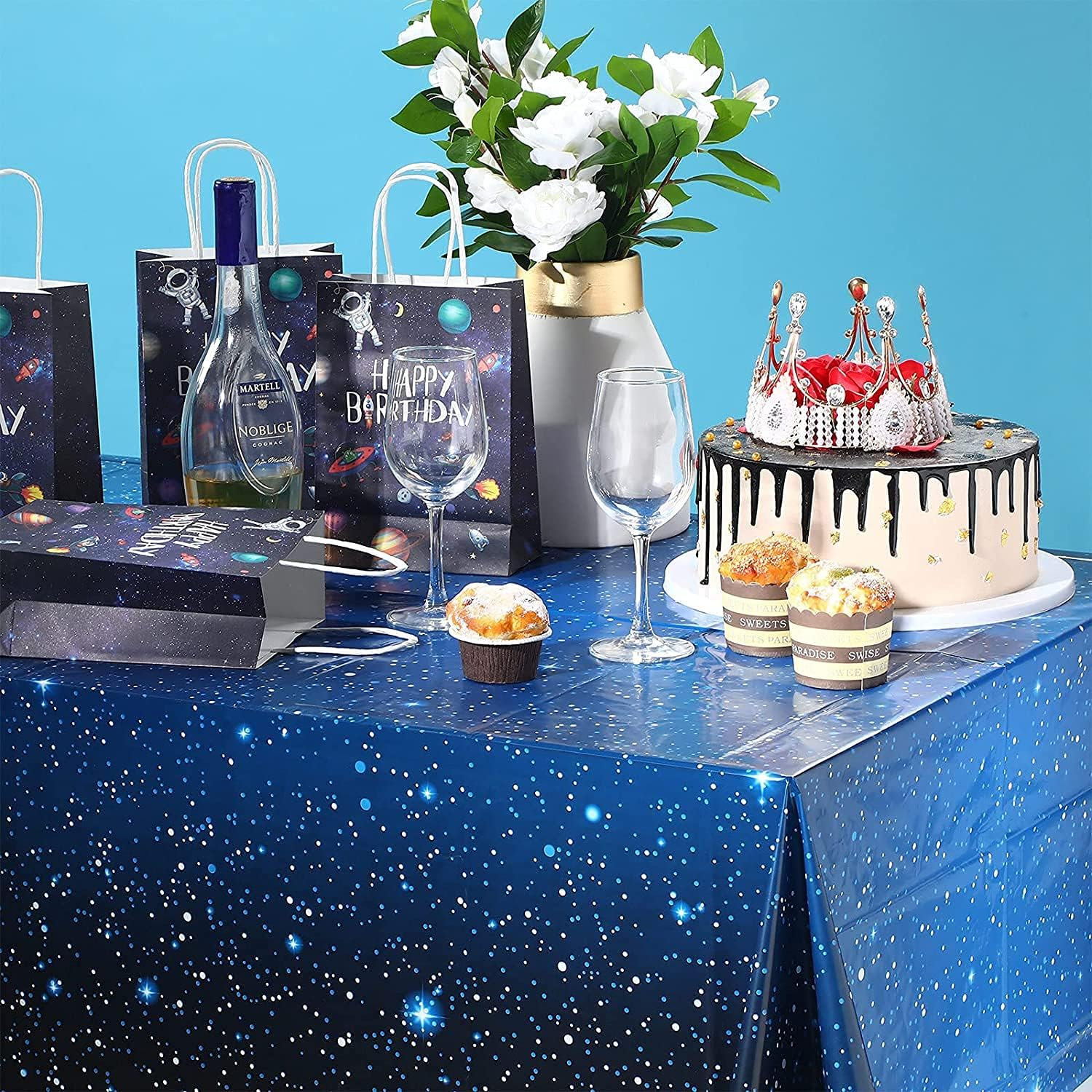 Space Tablecloth Starry Night Tablecloths 4PCS Decorations Plastic Galaxy Table Cover Space Stars Theme Party Supplies for Birthday Home Decorations, Waterproof Oil Proof Star Tablecloth 54'' X 108'' image number 4