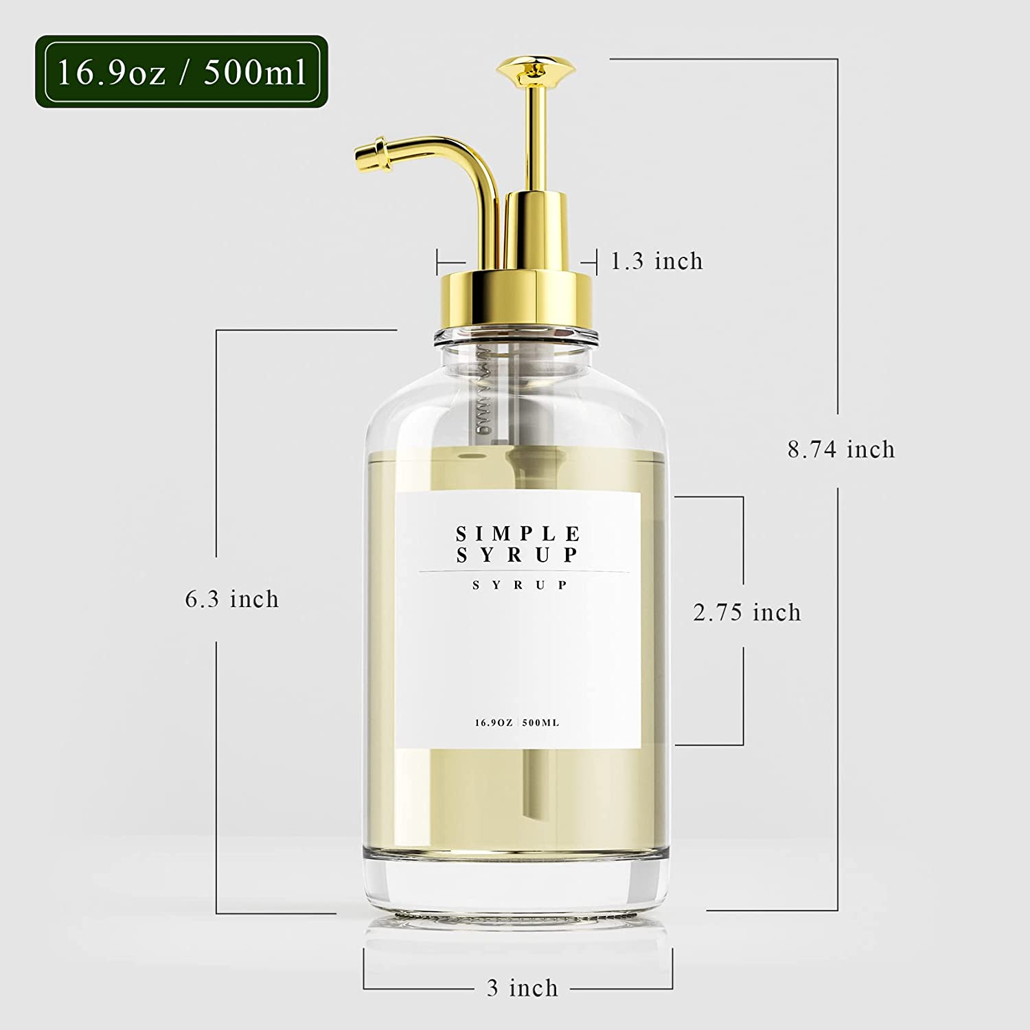 Coffee Syrup Dispenser for Bar Accessories，Coffee Pump Dispenser, Glass Syrup Bottle with Gold Pumps and 20 Labels, 16.9 Oz 500 Ml, Set of 2 - 2 Pack image number 2