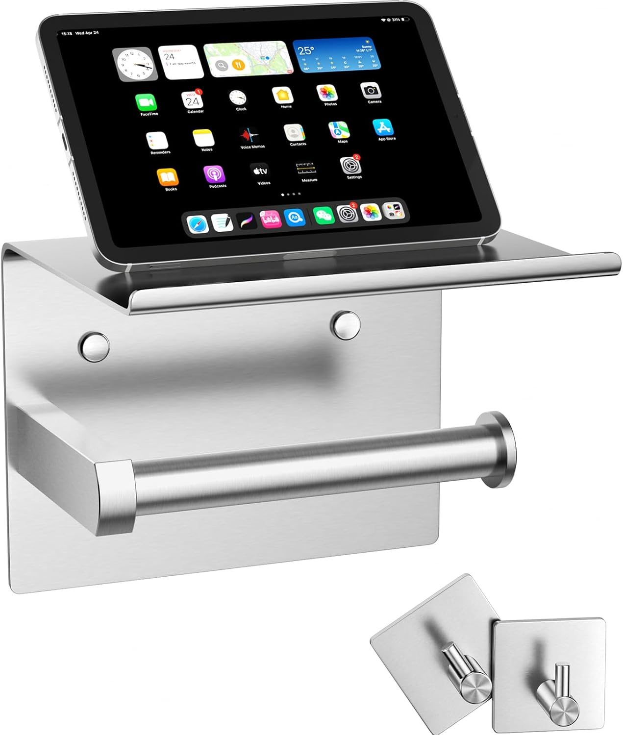 Tindbea Toilet Paper Holder with Phone Shelf + Towel Robe Hooks, Adhesive or Screw Wall Mounted Toilet Paper Roll Storage Dispenser, Stainless Steel Bathroom Tissue Roll Holder (Bronze)