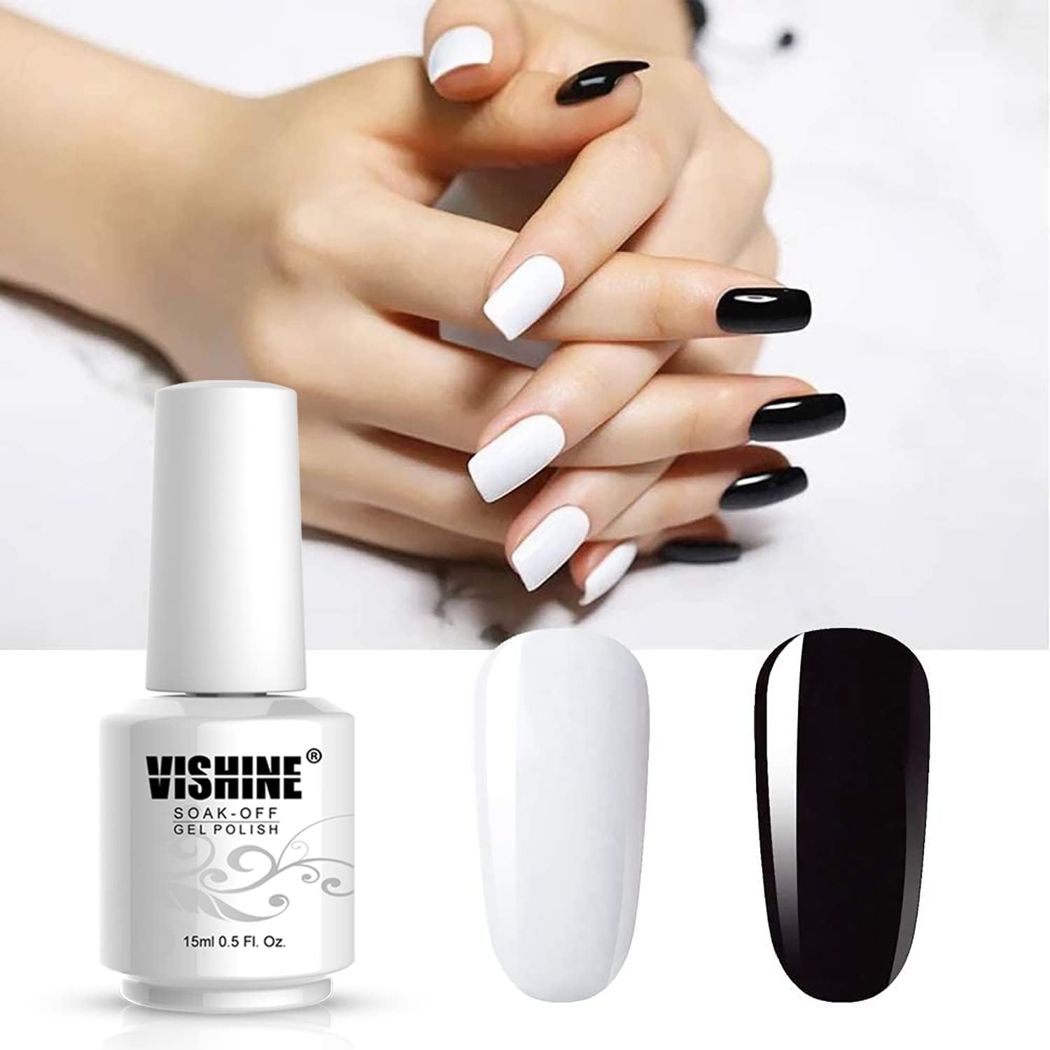 Vishine 4Pcs Black White Gel Nail Polish Color Collection Base Top Coat Soak off UV LED Gel Color Set Nail Lacquers Manicure Nail Art Halloween Gift Kit 15Ml image number 2