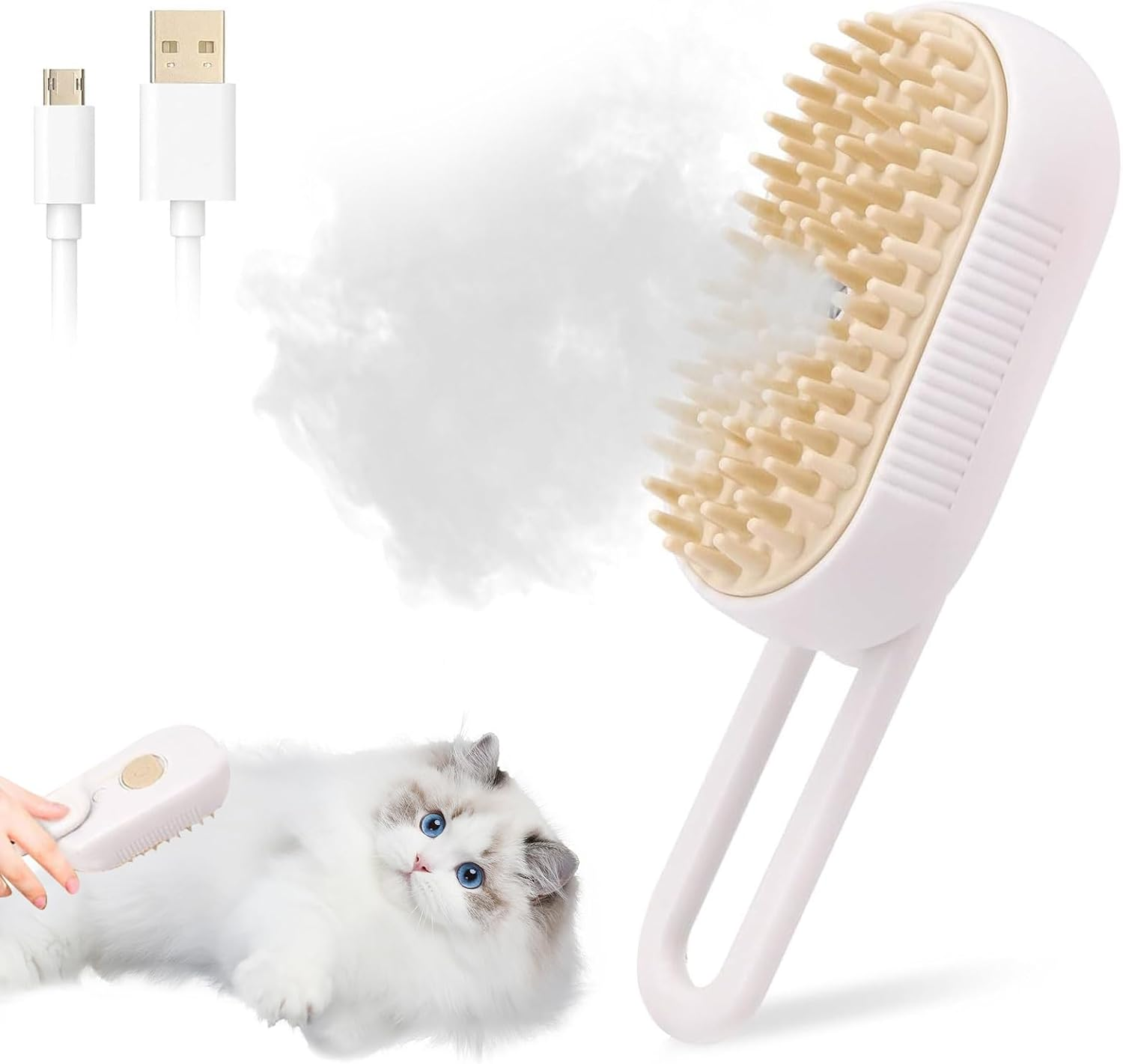 Cat Steamer Cat Brush Long Hair 3-In-1 Steam Brush Cat Pet Hair Brush Fur Brush Cat Massage Brush Eliminate Flying Hair for Cats and Dogs (White)