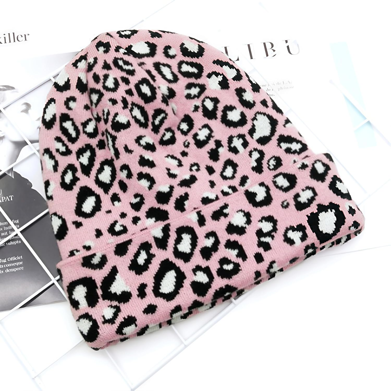 Women'S Leopard Print Beanie Hat - Stretchy Acrylic Knit Winter Warm Fleece Lined Cuffless Skull Cap for Women & Teens, One Size Fits Most (Pink/Brown)