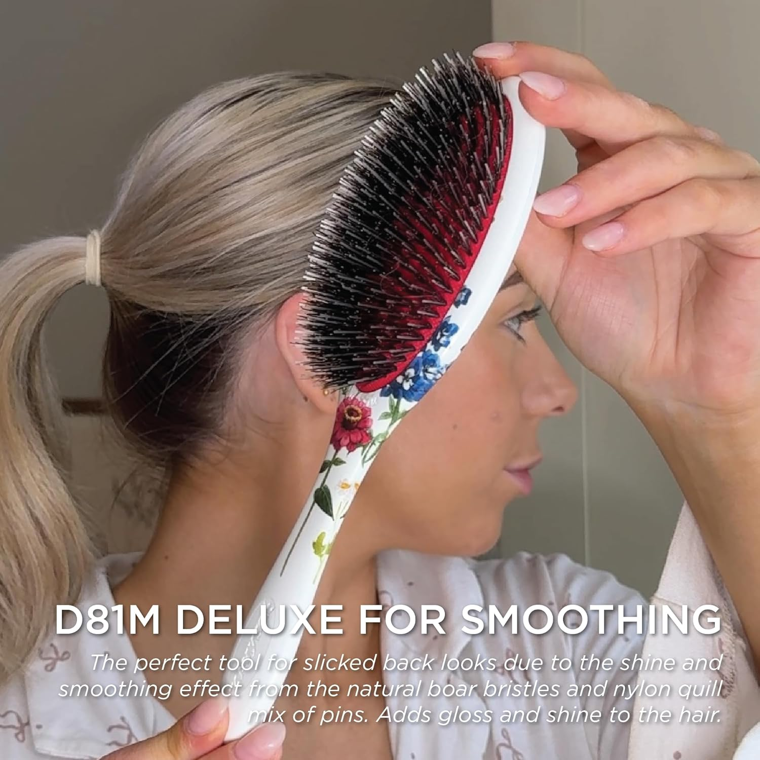 Denman Boar Bristle Hair Brush &ndash; Smoothing & Shine Enhancing for Slick Back Styles, Curl Defining & Detangling. D81M Floral Fantasy Hairbrush with Natural Bristles for All Hair Types for Women & Men image number 2