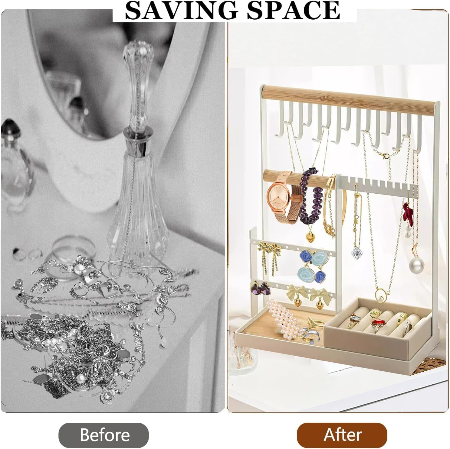 Jewelry Organizer Stand,Jewelry Organizer with Necklace Organizer,Velvet Ring Holder and Jewelry Dish,4 Tier Jewelry Tree Stand Organizer for Earrings,Bracelets,Rings Storage and Room Decor