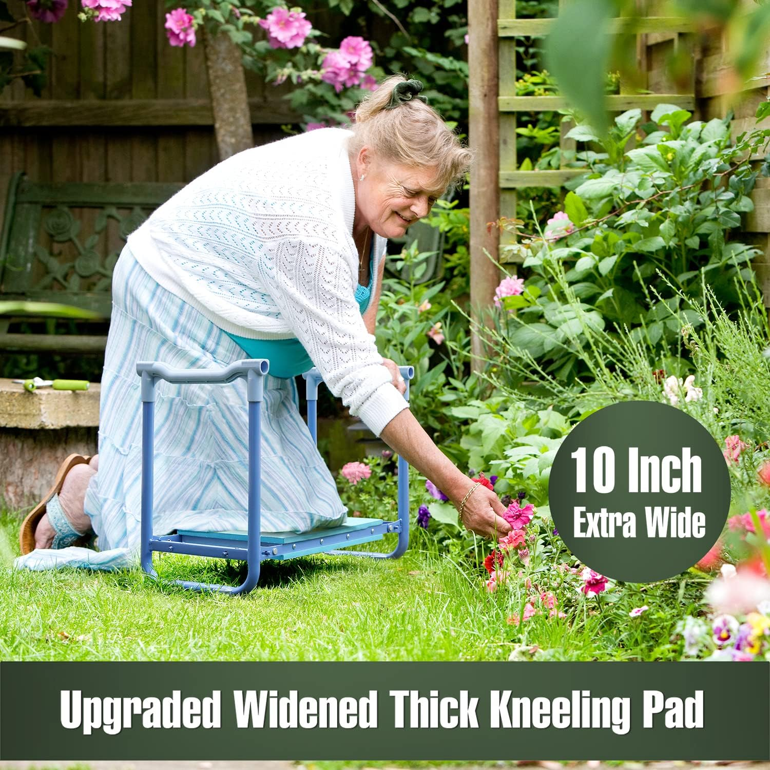 Jardineer Folding Garden Kneeler and Seat, 10 Inch Wider Kneeling Bench Stool, Portable Gardening Workseats with Tool Bag and Padded Cushion image number 3