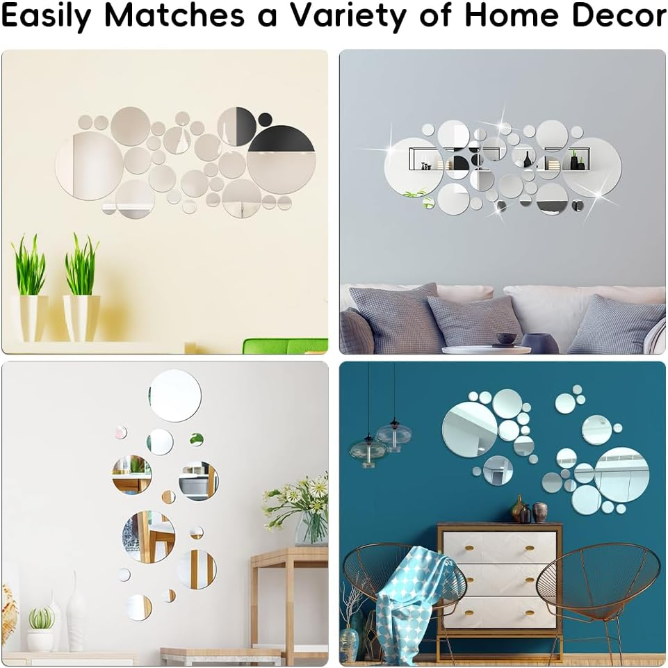 32 Pcs Acrylic Mirror Wall Stickers, Removable Wall Decal Mirror Set, Bathroom Wall Sticker Art, Circle Ceiling Mirrors for Bedroom, Home, Living Room, Sofa TV Background Decor (Medium) - Large image number 6