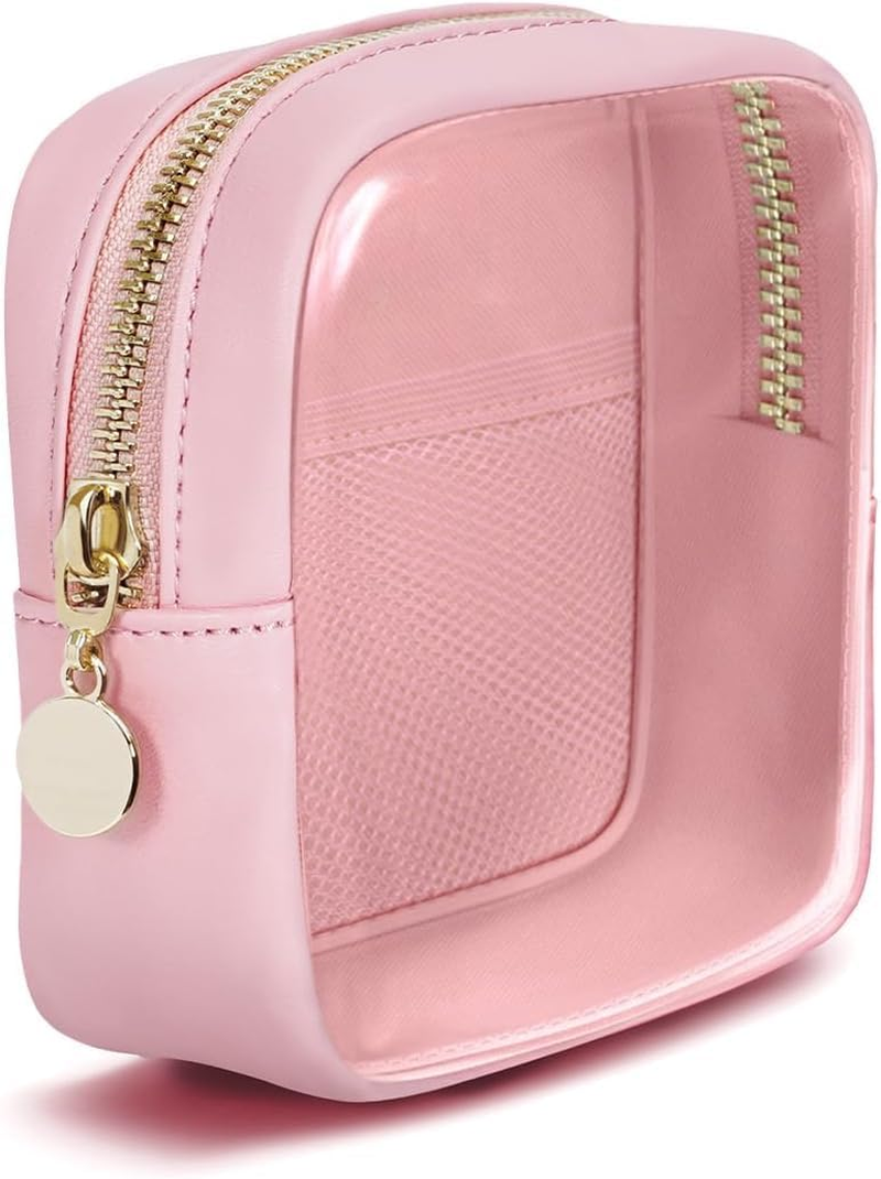 Clear Makeup Bag for Purse Mini Make up Cute Cosmetic Bag Pouch for Women with Slip-In Pockets Travel Toiletry Essentials Eco Vegan Leather Organizer Bags (Pink, One Size) image number 1