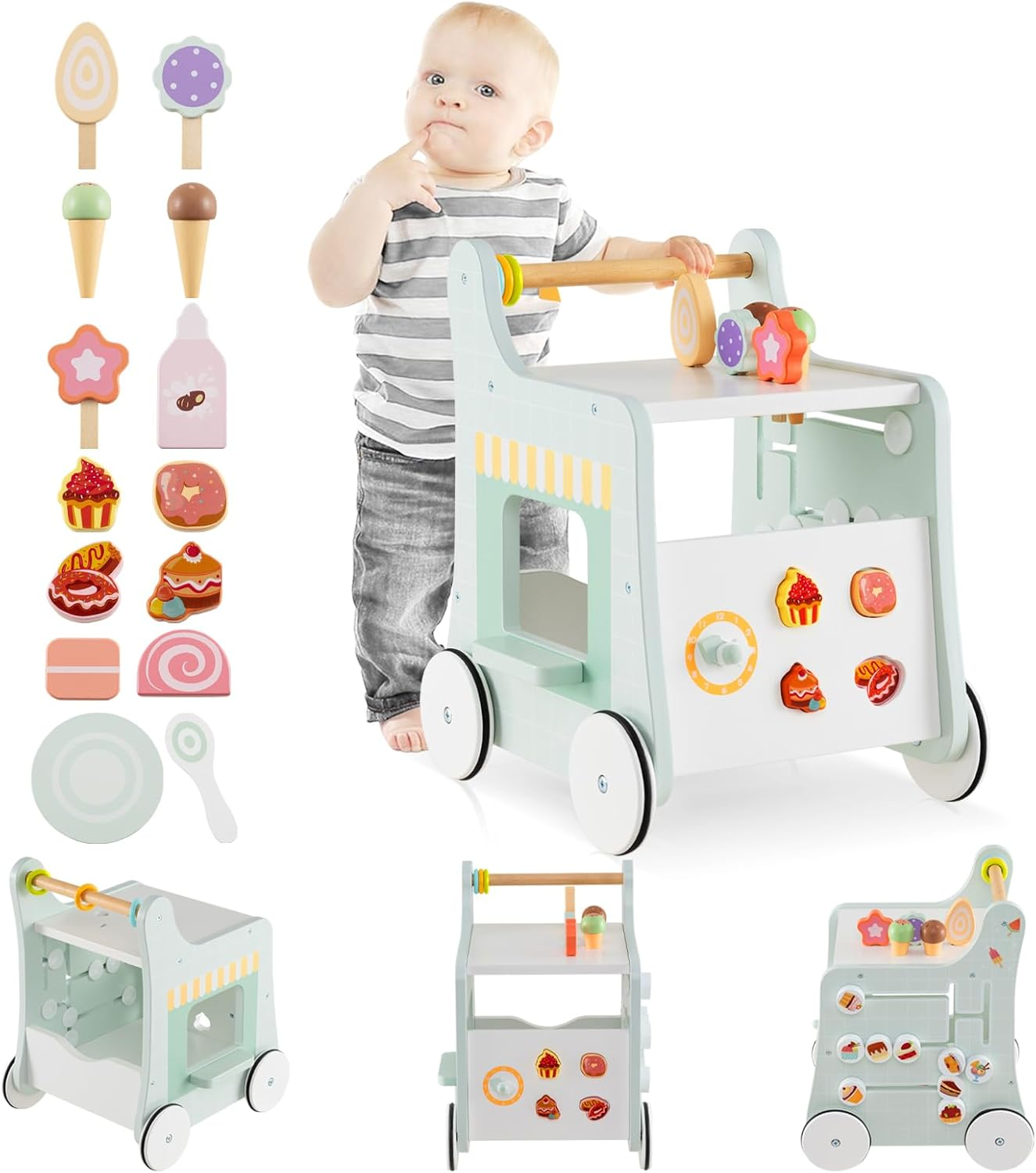 INFANS 6 in 1 Wooden Baby Walker, Play Kitchen Playset, Toddler Push Learning Activity with Wheels Shape Sorter Movable Slider, Montessori Educational Toy for Girls Boys 1-3 Years image number 3