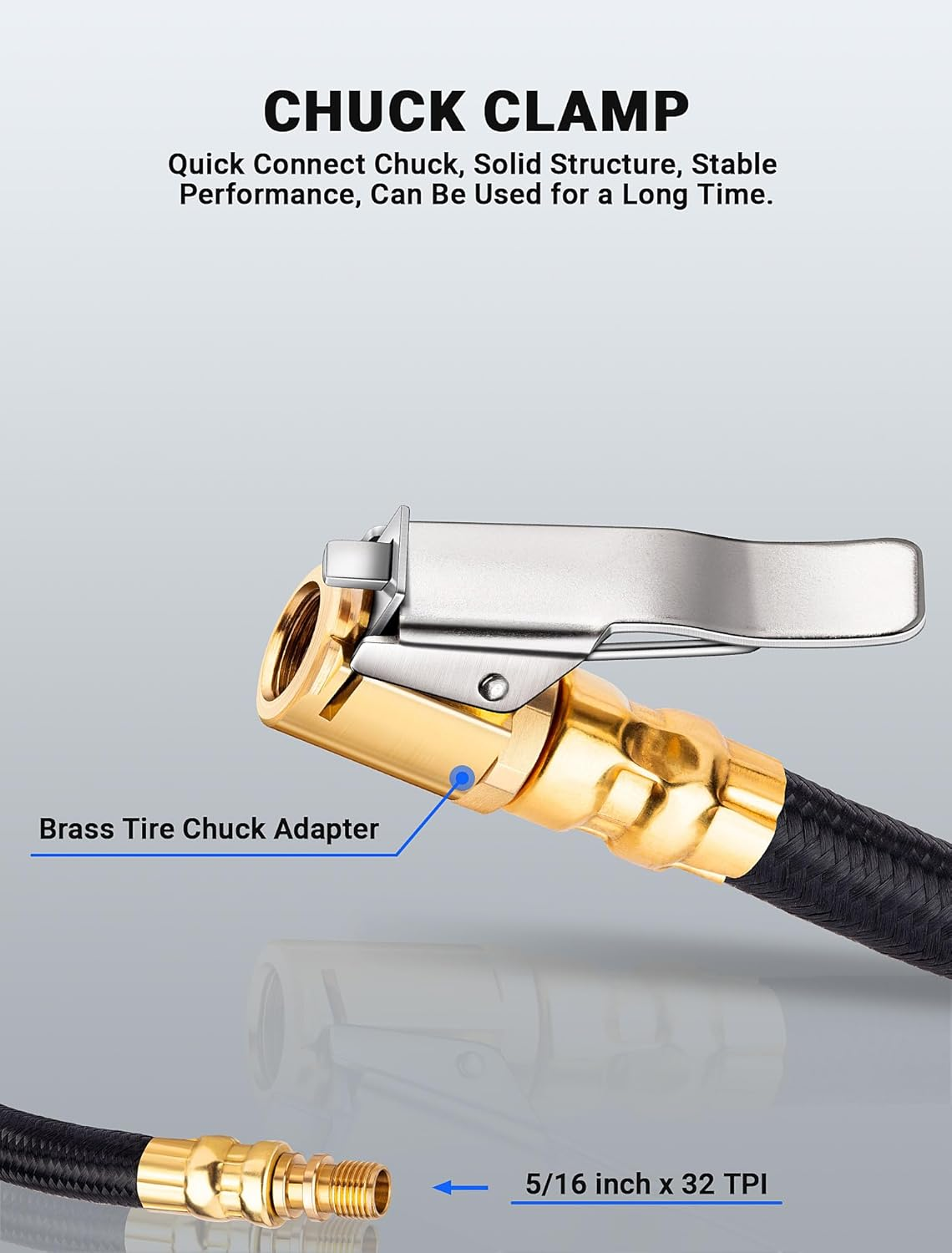 LUMITECO 12'' Tire Inflator Extension Hose, Tyre Pump Clip-On Air Chuck Adapter for Quick-Inflation Lock, High-Pressure Tube Quick Connect for Car Motorcycle Bicycle Maintenance Accessories image number 2