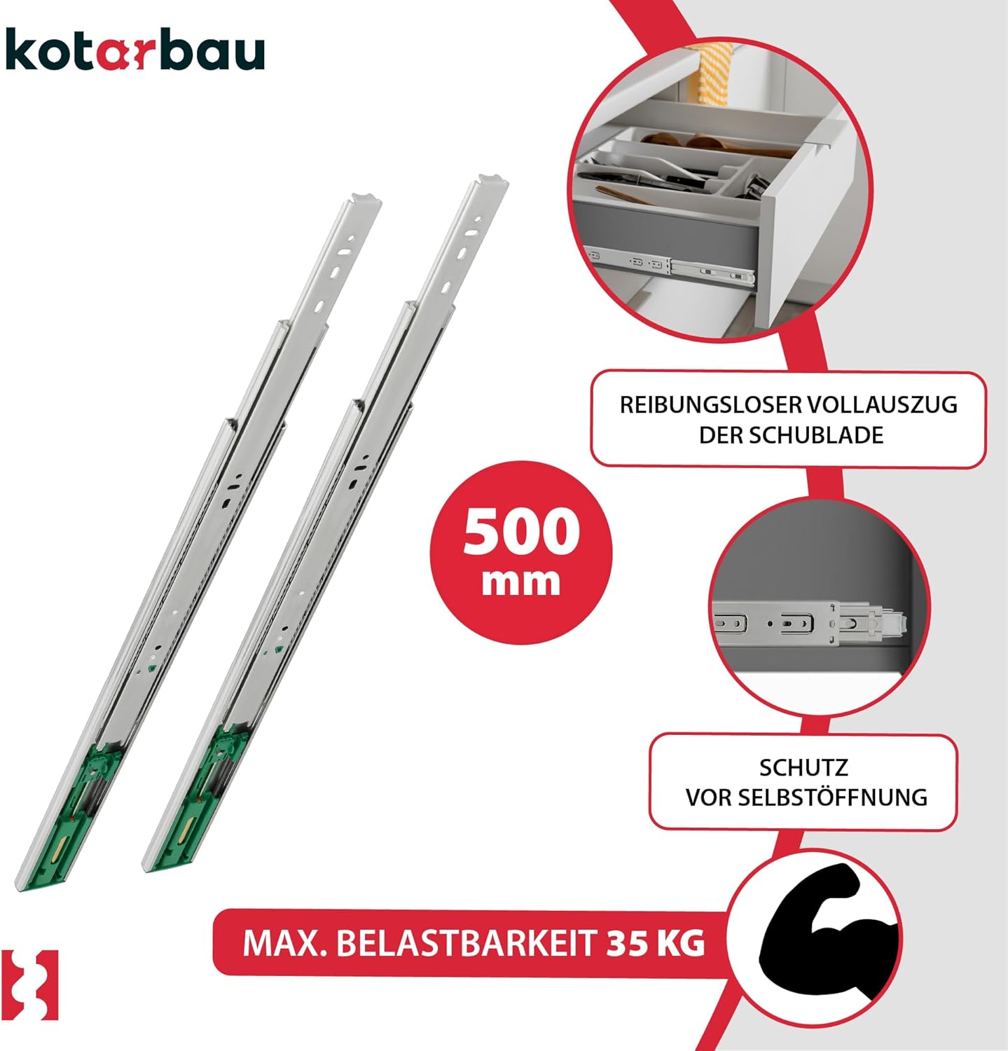 KOTARBAU Drawer Runners, Full Extension, Drawer Runners, 500 Mm, Self-Closing, Steel Drawer Runners, Soft Close Pull-Outs, Drawer Runners for Drawers, Full Extension, Telescopic Runners image number 1
