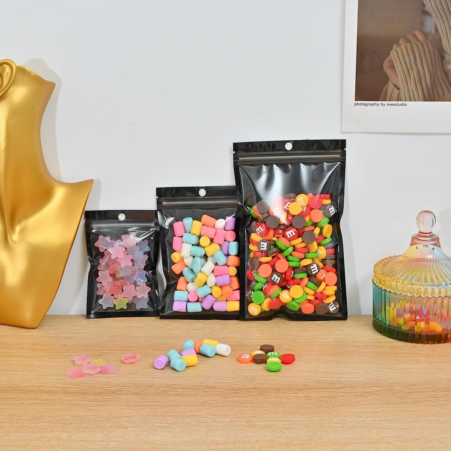 100Pcs Black Mylar Holographic Bags Packaging Bags,Clear Resealable Bag Foil Pouch Bag for Food Storage and Lipgloss,Jewelry,Eyelash Packaging for Small Business（16X24 Cm) image number 6