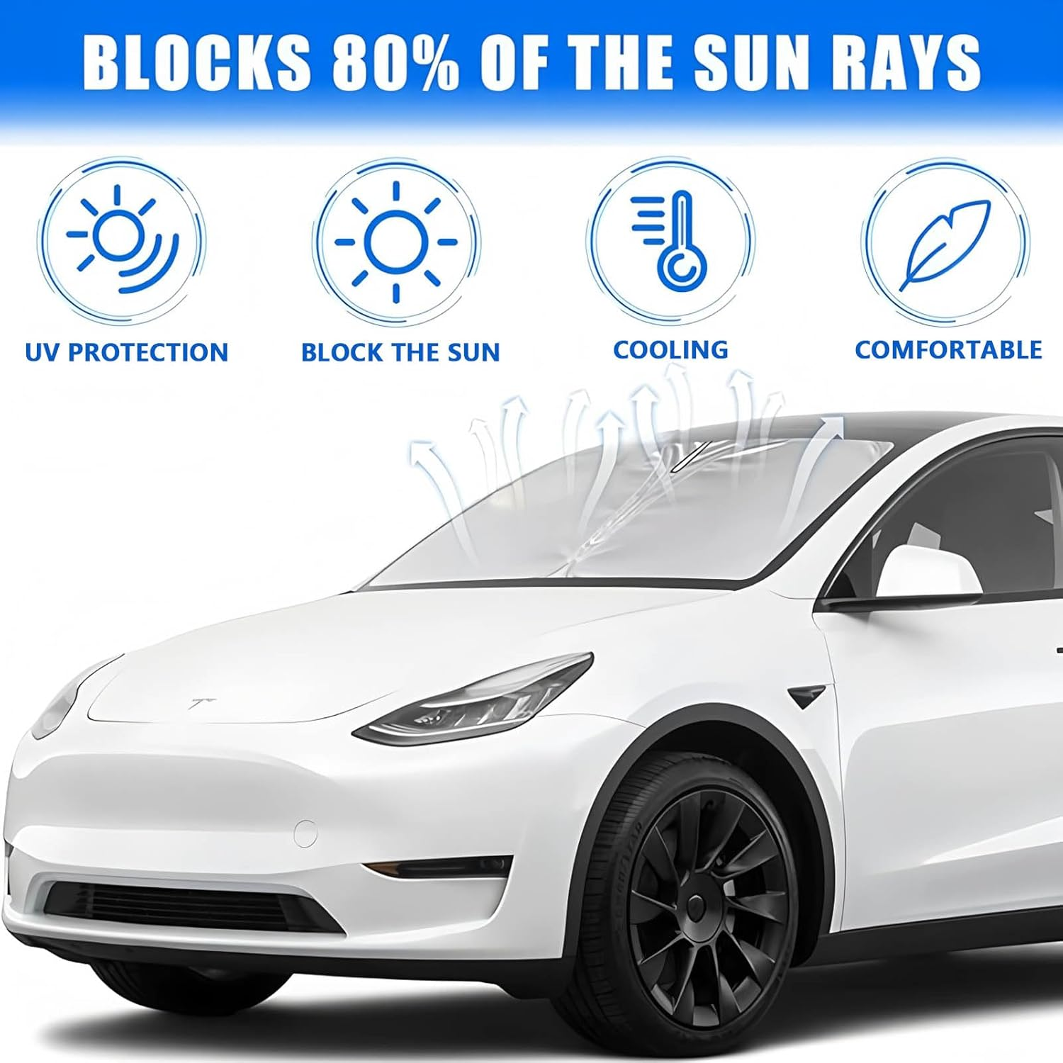 Sunshade for Tesla Model Y Model 3, 142X93Cm Foldable Car Sun Shield, Front Windscreen Sunshade with Storage Bag, Thickened Silver Plated Curtain Sun Visor Accessories 2025 for Tesla