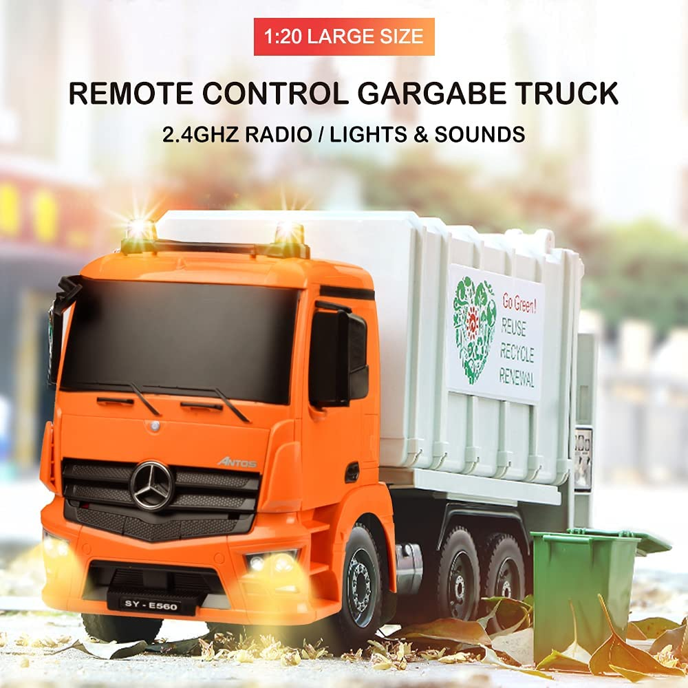 DOUBLE E Remote Control Garbage Truck 8 Channel Electric Stirring with Trash Bin Sounds Lights 2.4Ghz Sanitation Vehicles Toy image number 2
