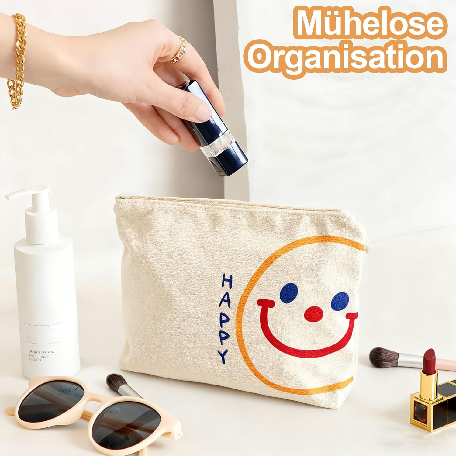 Pack of 2 Small Canvas Travel Cosmetic Bag, Portable Toiletry Bag, Makeup Bag, Multifunctional Makeup Bag with Zip, for Women, White 1, Mass Style