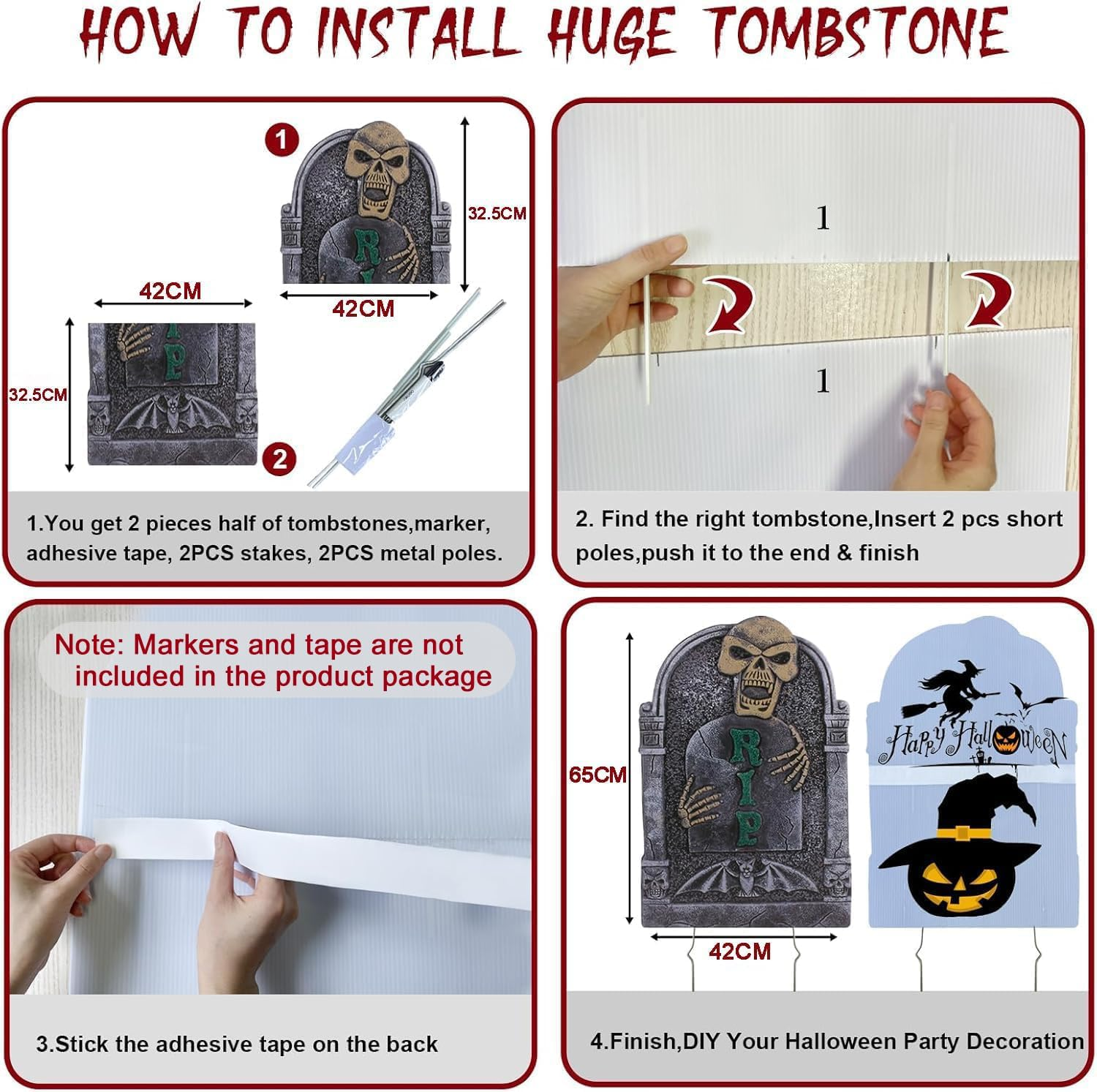 5 Pack Halloween Decorations, Halloween Tombstones Outdoor Decorations for Graves Decorations with 12 Metal Stakes Realistic Scary Skeleton RIP Gravestones, Halloween Yard Waterproof Lawn Decor image number 6