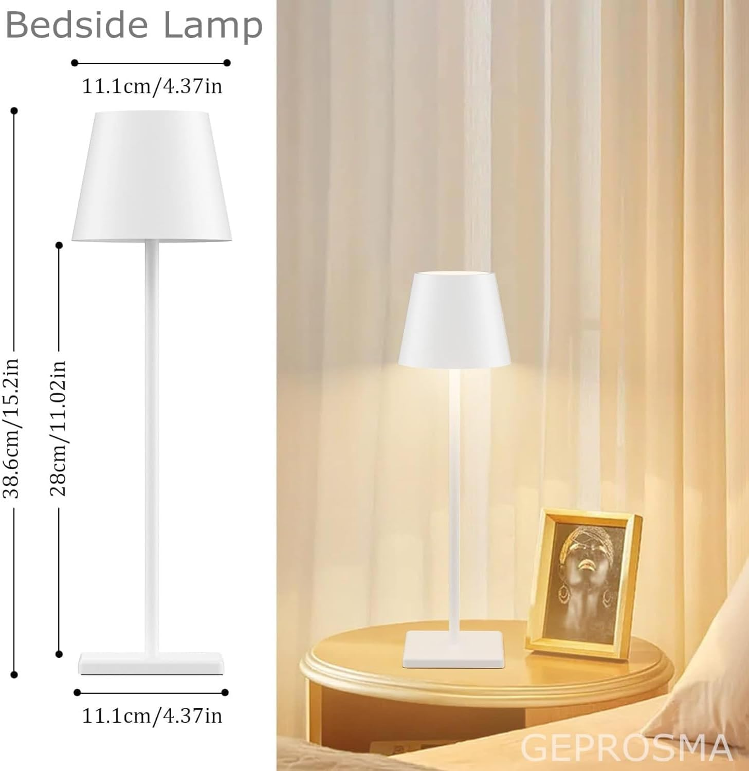 GEPROSMA Cordless Touchtable Lamp Bedside Lamp Rechargeable Battery Operated 4400MAH, Metal Modern Wireless Desk Lamp 38CM,3 LED Modes Dimming,Portable Light for Bedroom Living Room Outdoor,White image number 5