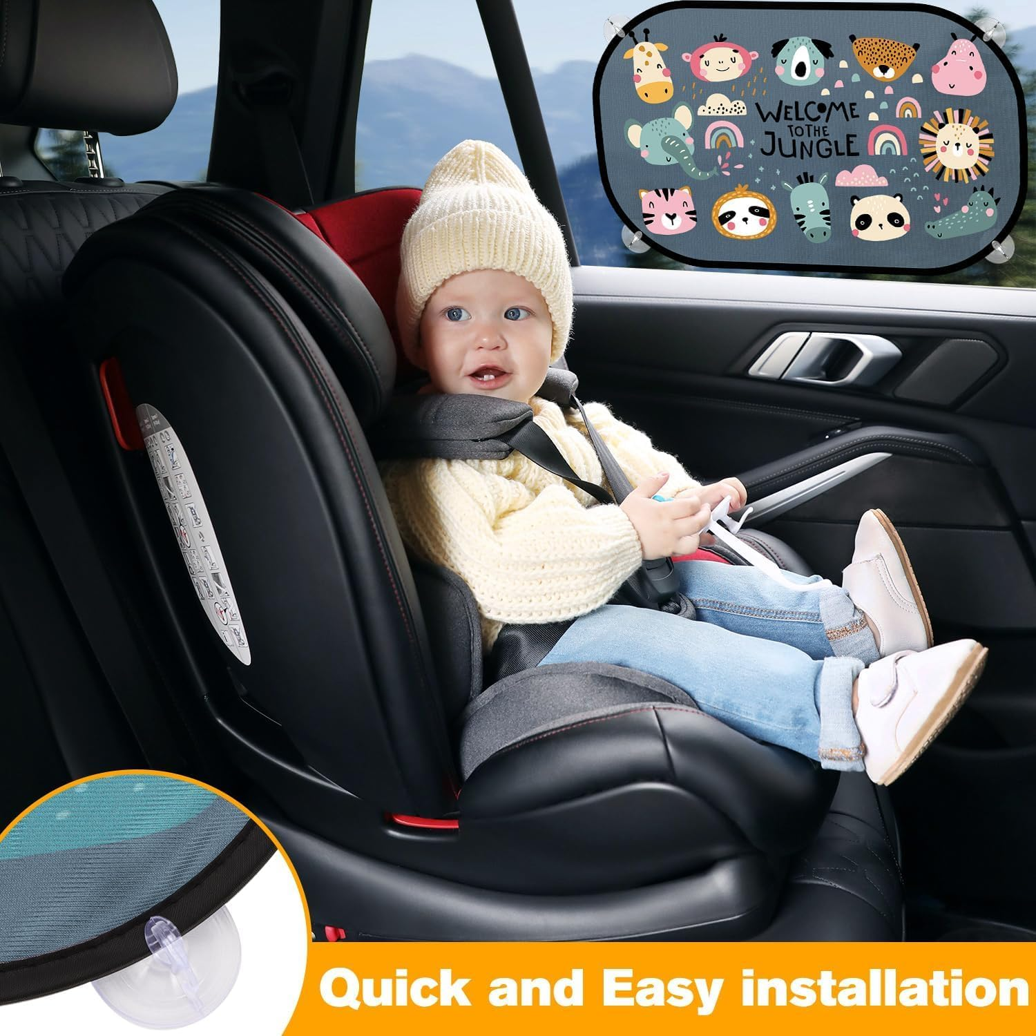 2 Pack Car Window Shades for Baby, UV Protection Sun Visor with Cute Animal Motifs, Universal Fit for Most Cars SUV Sedan, 51X31Cm Side Window Sunshades image number 4