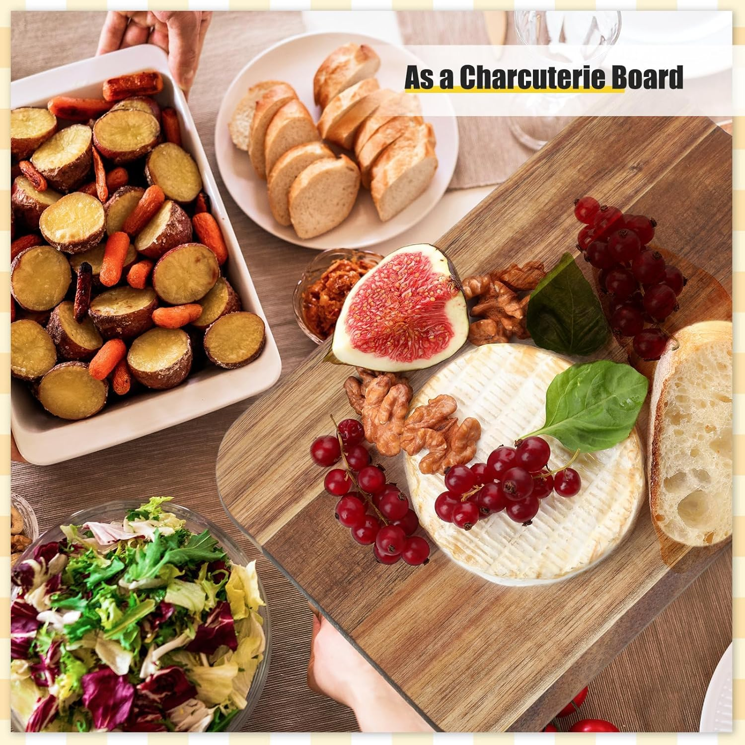 Bierofaro Acacia Wooden Chopping Board with Handle, Wooden Serving Board and Charcuterie Board with Hanging Hole, Cheese Board Decorative Food Platter for Kitchen, 44 * 15.5Cm Wood Design