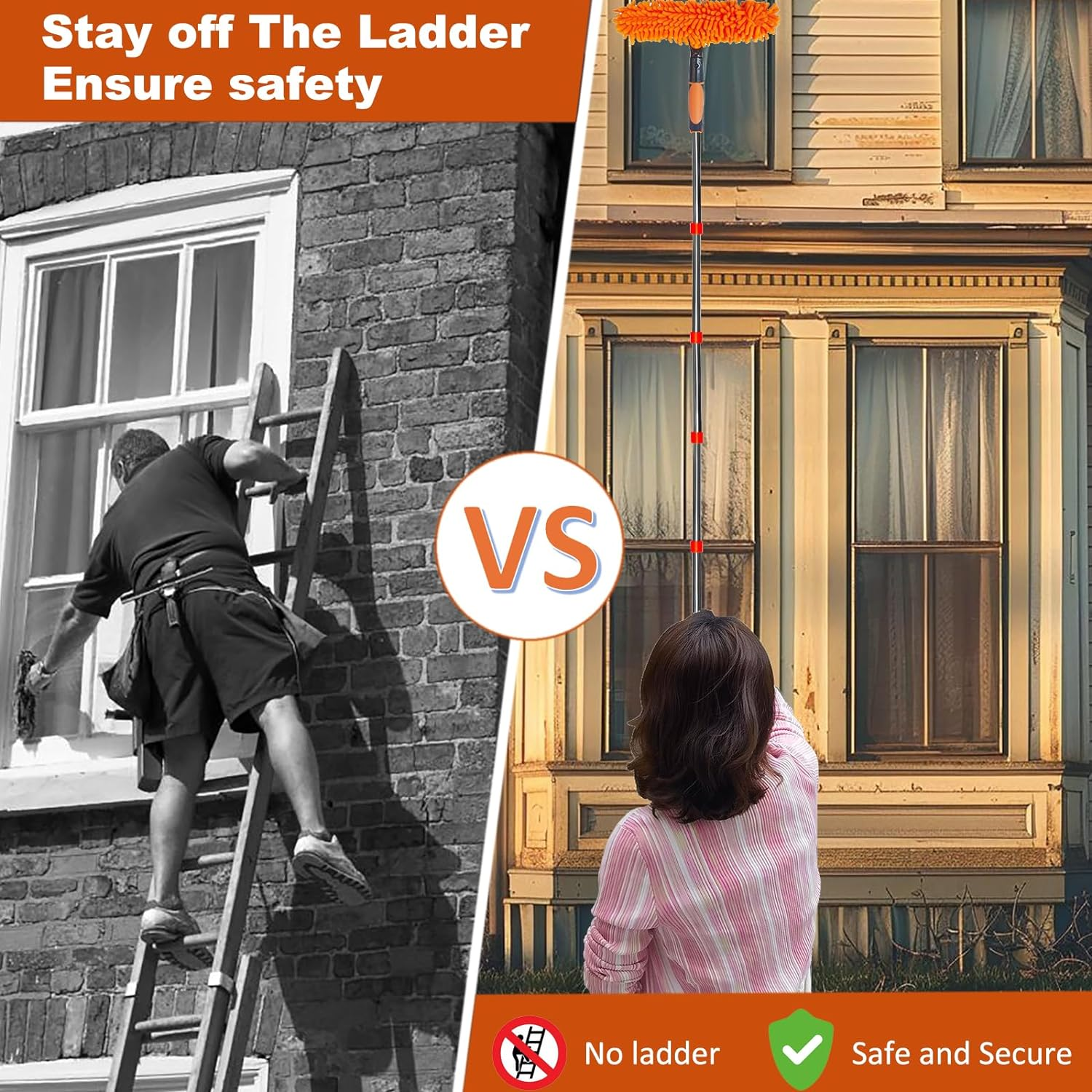 20+ Feet High Reach Duster Kit with 3-14 Ft Extension Pole // High Ceiling Dusting and Window Cleaning Kit with Spliceable Pole - Window Washer & Squeegee, Cobweb Duster, Fan Blade and Feather Dusters image number 6