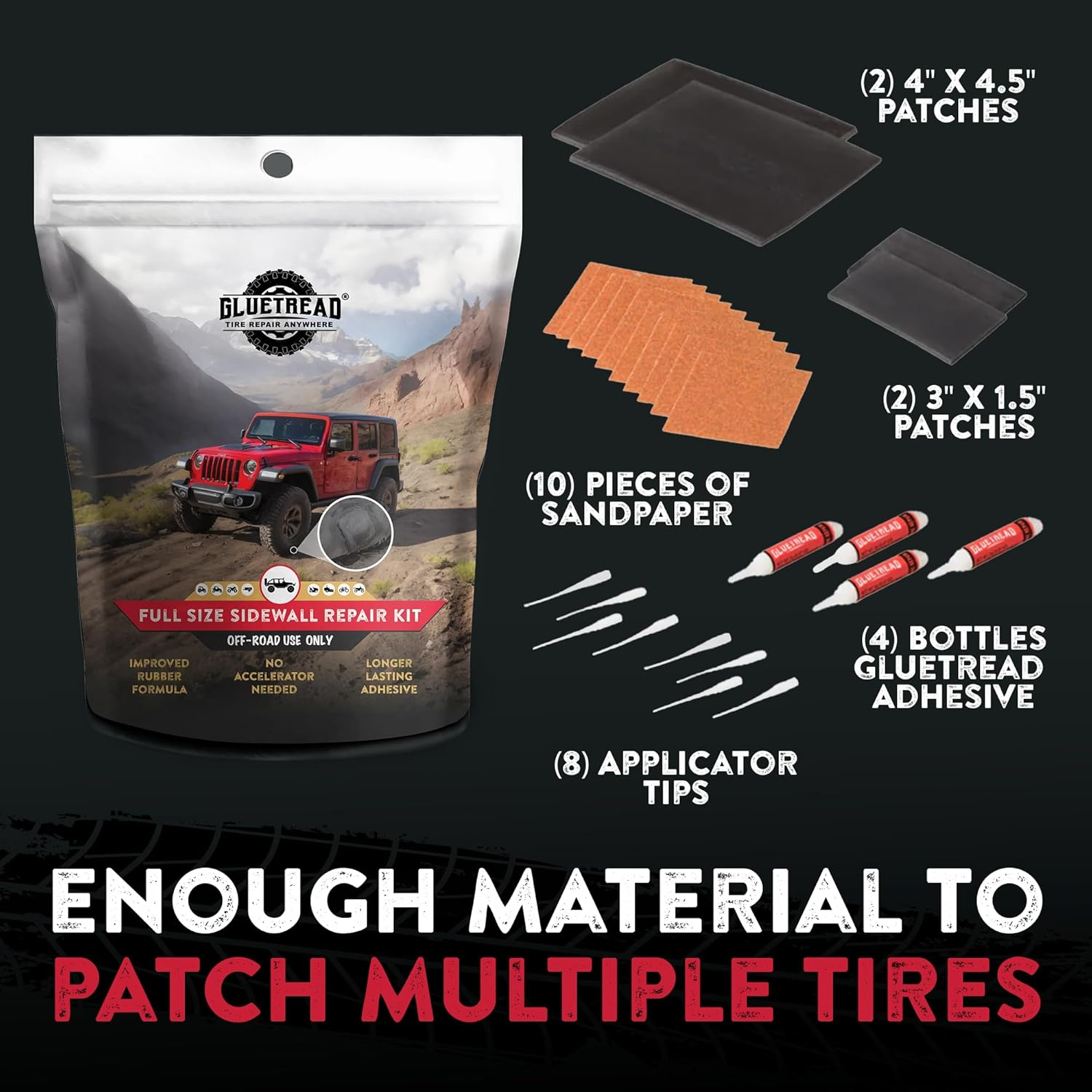 Gluetread 4X4 Sidewall Tire Repair Kit Full-Size | Sidewall Tire Patch Kit Puncture Repair Kit for Off-Road Vehicles | Improved Rubber Formula No Accelerator Needed 10 Minutes Curing Time
