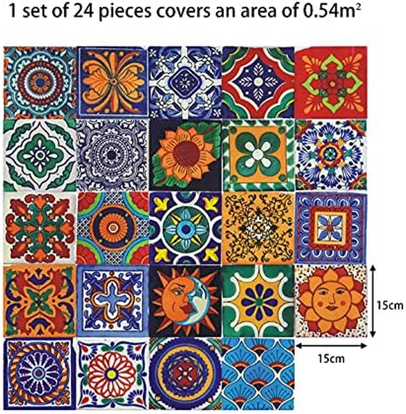 Tile Stickers, Decorative Retro Mosaic Self Adhesive Peel and Stick Tile Sticker, 24PCS Removable Wall Tiles Sticker for Bathroom Kitchen (15 X 15Cm) image number 1