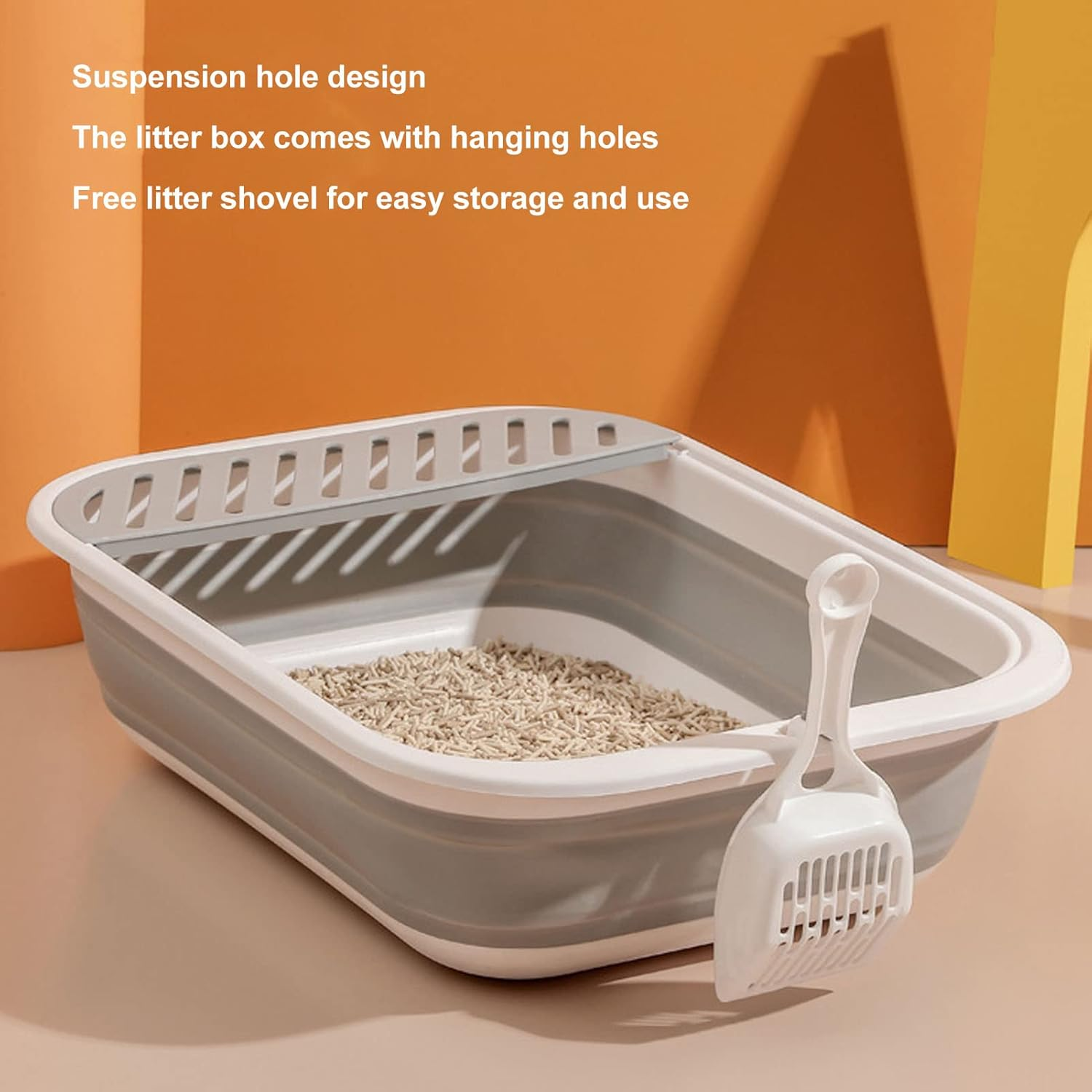 Cat Litter Box, Semi Enclosed Easy Cleaning Splash Proof Foldable Kitten Toilet, Waterproof Cat Travel Litterbox Cats Litter Pan with Litter Sifting Scoop for Indoor Cats Kittens Small Pets(Grey) - Pink image number 2