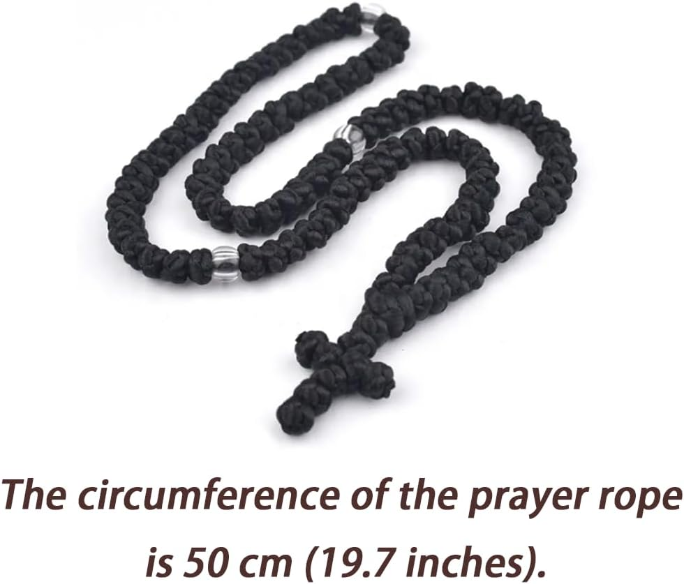 NYGHMY 1 Pcs Christian 100-Knot Prayer Rope (Black with Transparent Beads), Handmade Orthodox Prayer Rope with Cross Charm, Spiritual Protection Blessing, Handmade Transparent Bead Prayer Rope image number 5