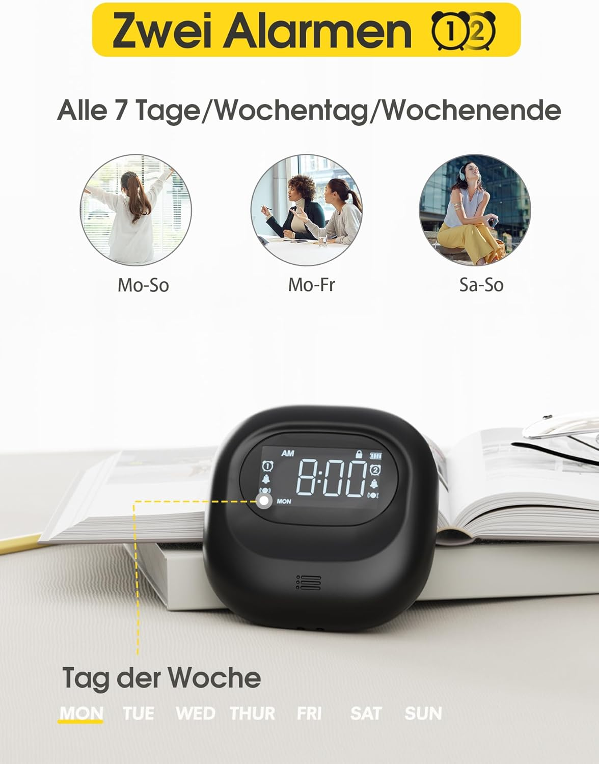 Roxicosly Vibrating Alarm Clock under Pillow,Portable Travel Alarm Clocks Battery Powered,Digital Loud Alarm Clock with 3 Vibrating & Wake-Up Modes,Dual Alarm,Snooze,Dst,Weekday/Weekend (Black) - Light Black image number 6