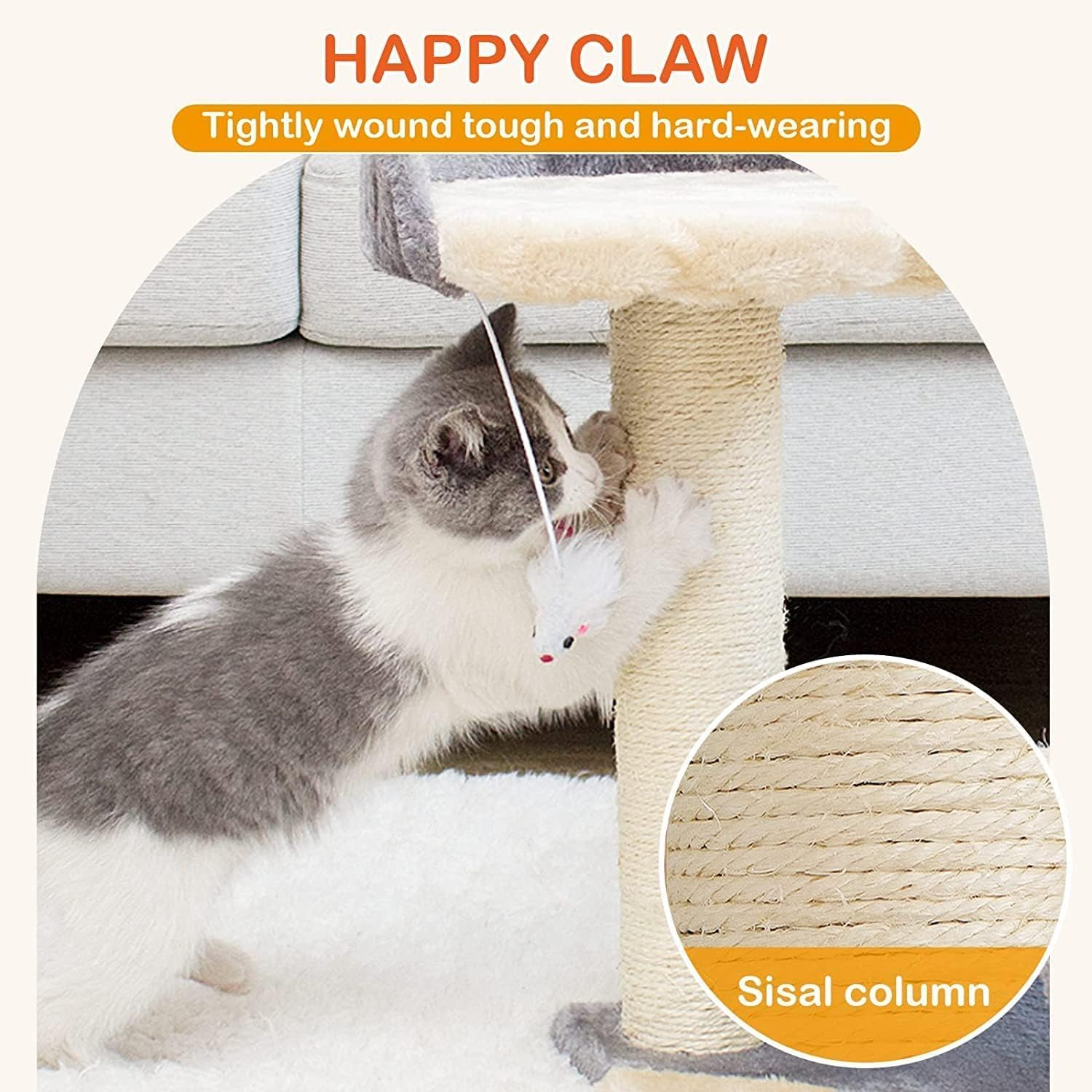 Cat Scratching Post, Cat Scratcher Tree with Cave Cat Tower and Condos Natural Sisal Post with Perch Platform, Scratching Posts for Indoor Cats for Small or Medium Pets Kitties (White Gray) image number 5