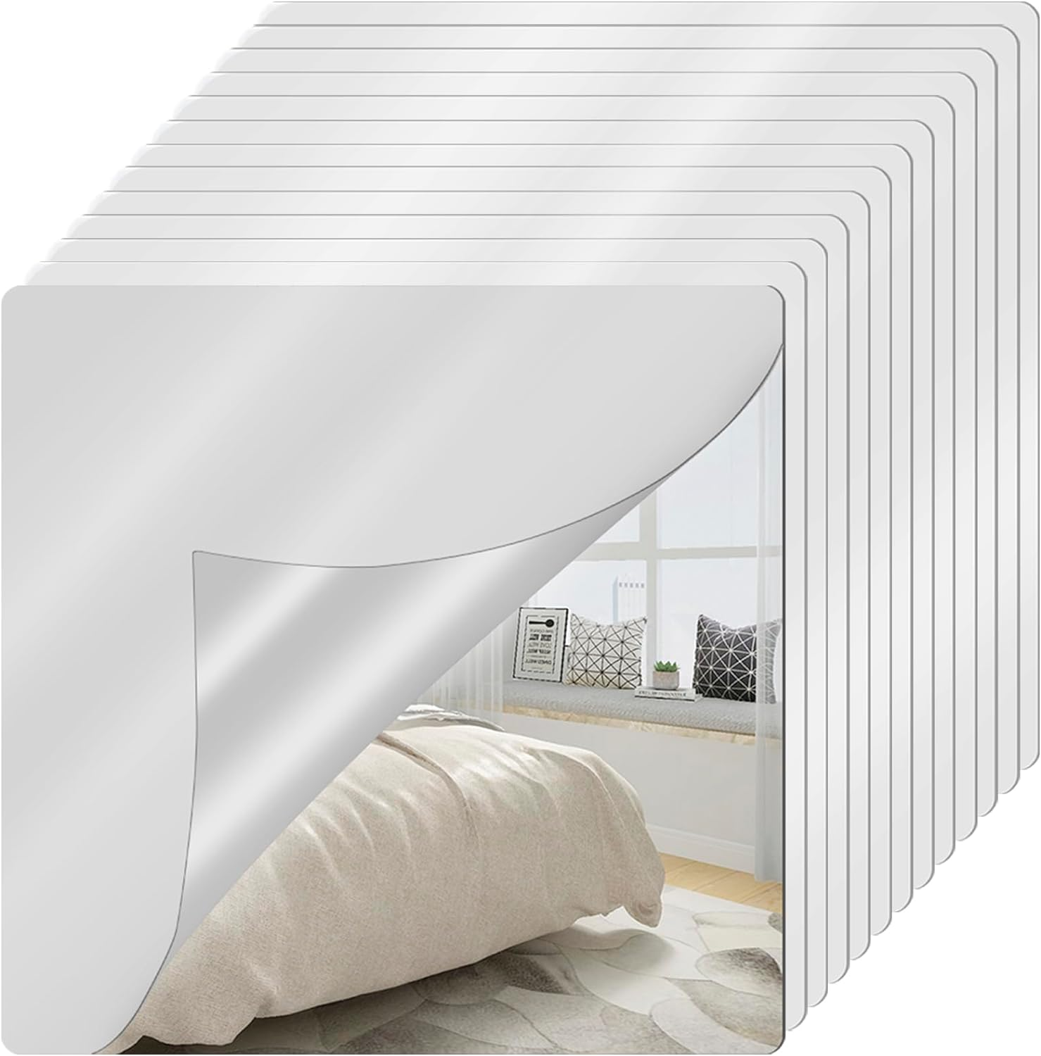 Abizarch 12Pcs Wall Mirror Tiles, 12 X 12 Inch Self Adhesive Acrylic Mirror, Unbreakable Flexible Square Mirror Sheets Wall Stickers Frameless Full Length Mirror for Home Gym Bedroom Living Room Door image number 6