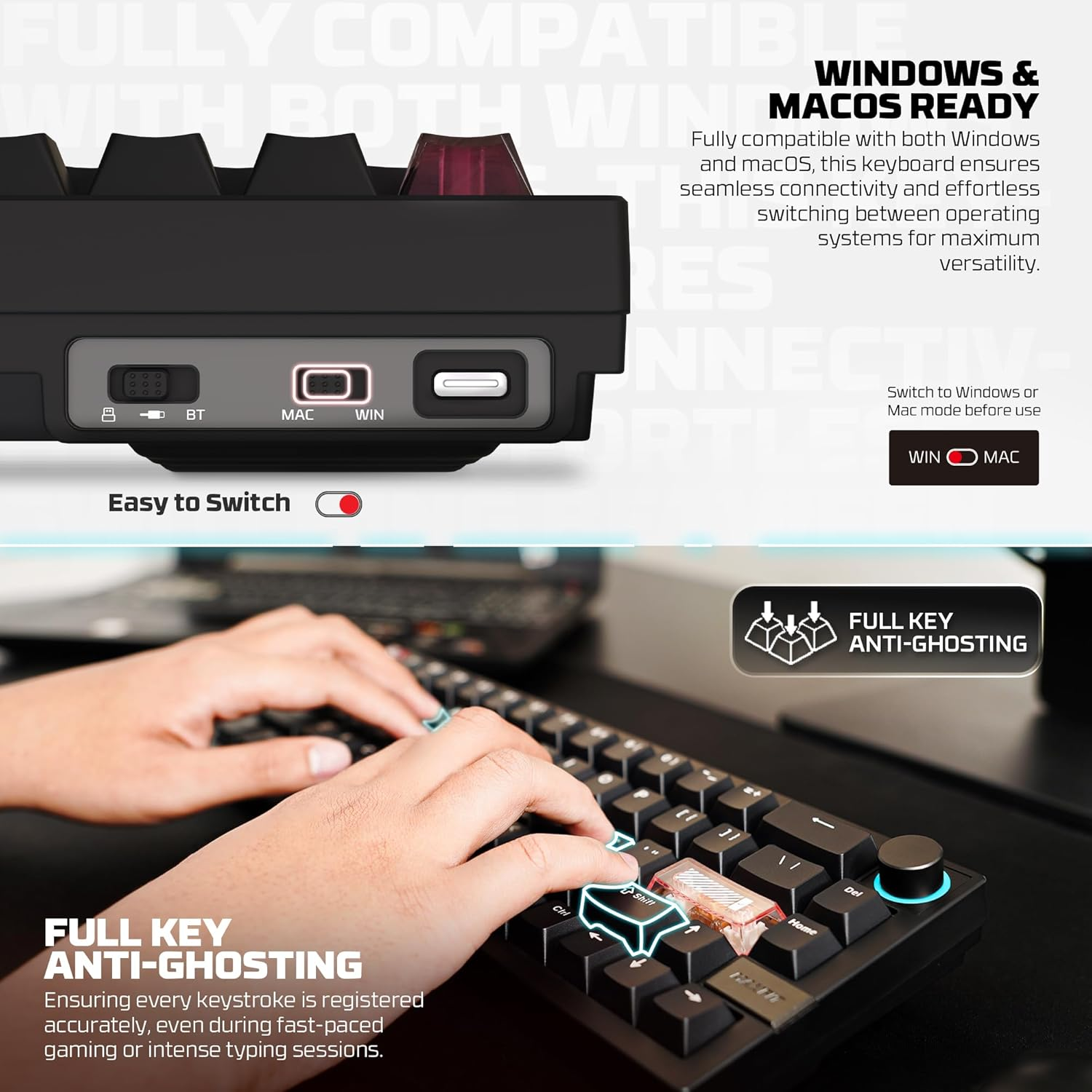 Fantech MAXFIT6 60% QMK/VIA Wireless Mechanical Keyboard with Knob, Hot Swappable with RGB Backlit Gaming Keyboard,Gasket Structure for Mac/Windows(Black; White Switch)