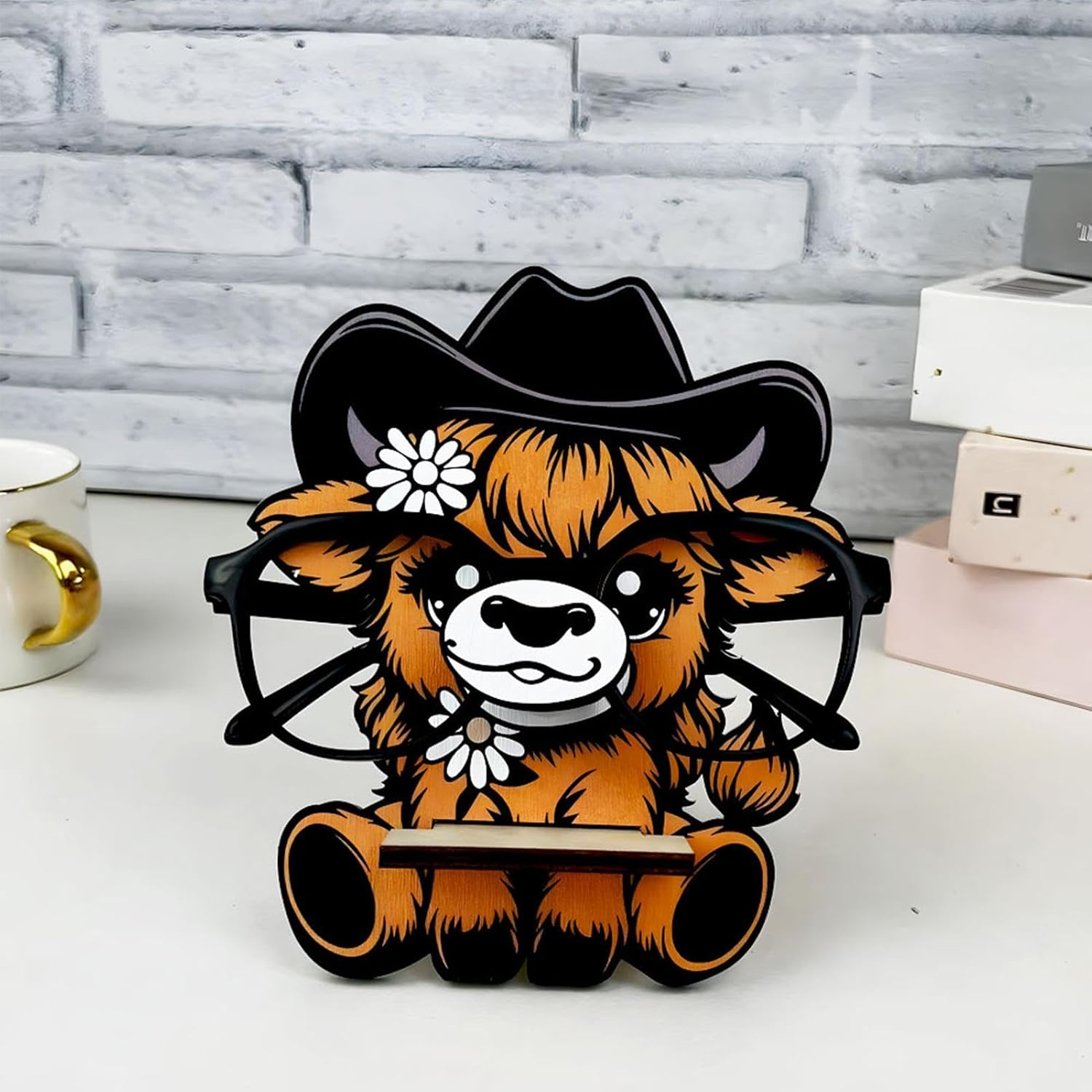 Animal Glasses Holder - Funny Glasses Stand, Highland Cow Glasses Holder | Portable Highland Glasses Holder Stand, Glasses Holder Statues, Wooden Cow Glasses Stand for Desk image number 6