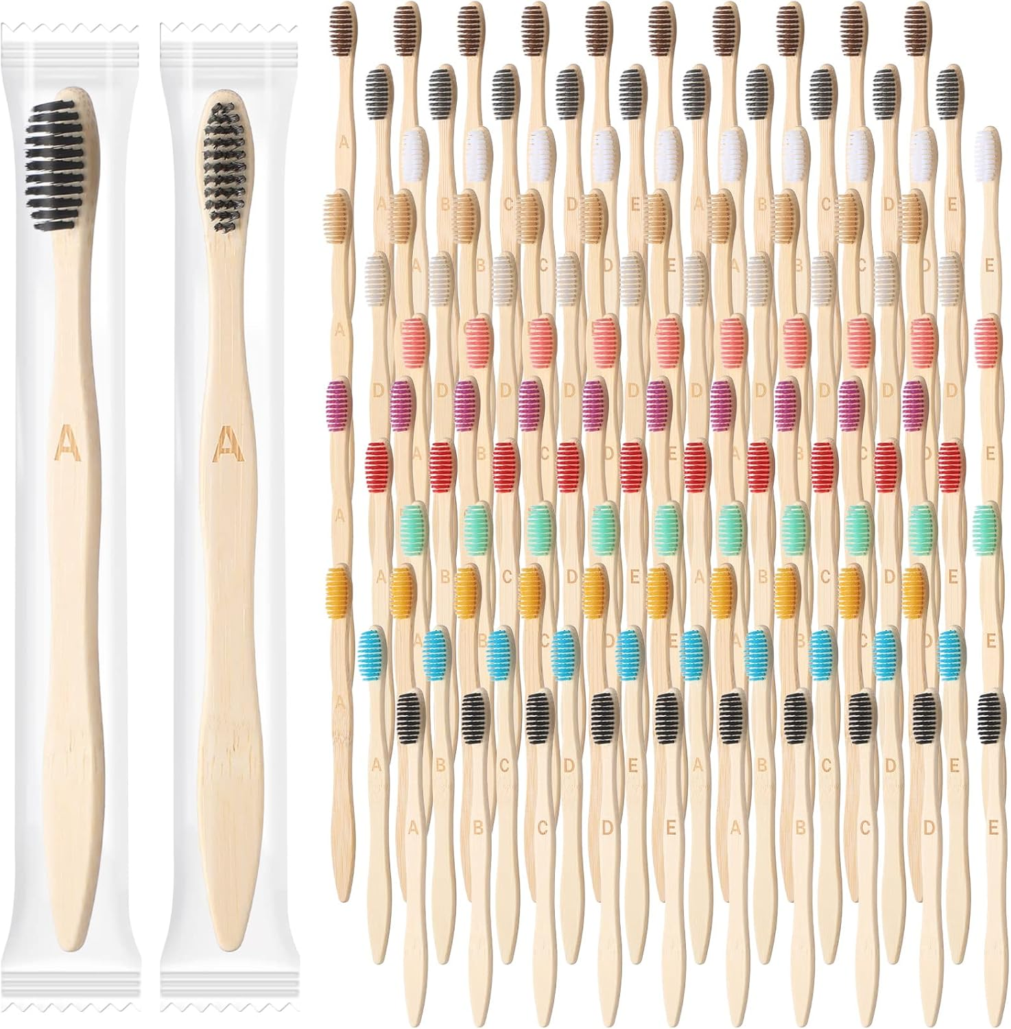 Sieral 120 Pcs 120 Pcs Bamboo Toothbrushes Bulk Soft Bristle Individually Wrapped Travel Toothbrush Eco Friendly Natural Wooden Tooth Brush for Kid Adult Home Travel Use, 7.5 Inch, 12 Colors (Letter) image number 2