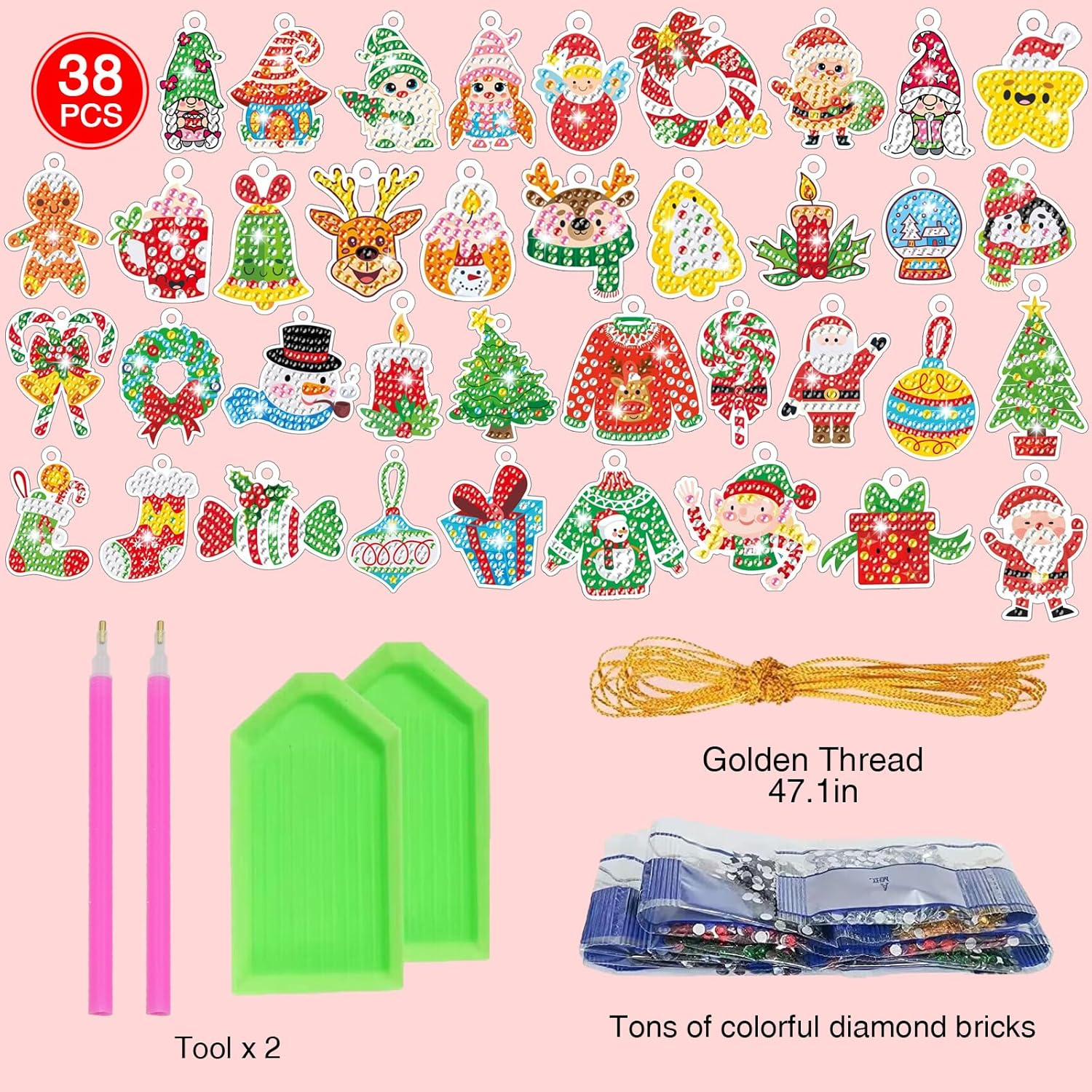 Christmas Diamond Art Painting Pendant, ACSAUMMY 38Pcs 5D Diamond Dots Painting Cards Pictures Kids Diamond Art Dots DIY Diamond Kits Gem Art Craft for Christmas Tree Xmas Accessories Party Xmas Decor image number 1