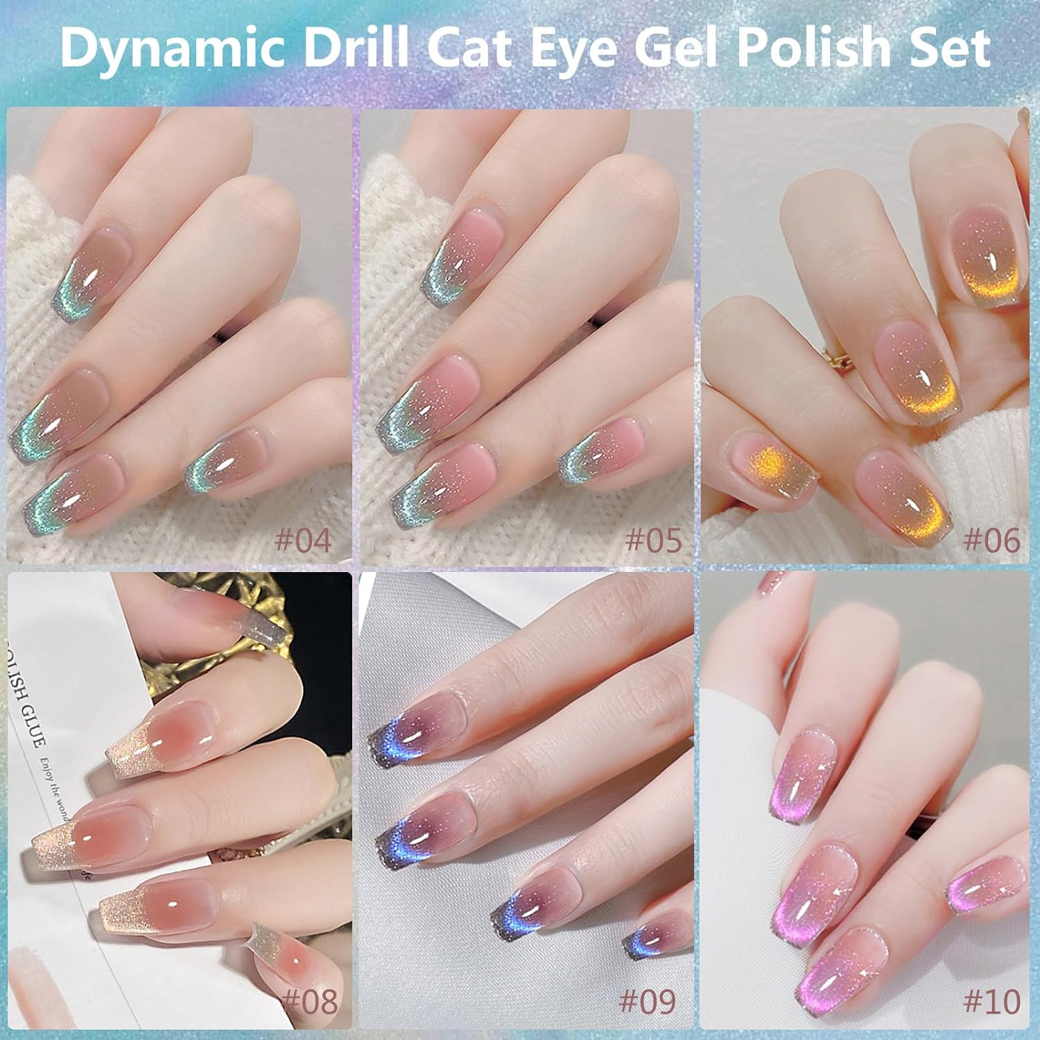 CHARM for YOU Cat Eye Gel Nail Polish, 9D Magnetic Cat Eye Gel Polish Set with Magnet Stick ,Crystal Holographic Effect ,Shiny Glitter Laser Cat Eye Polish 6Pcs for Home DIY Manicure Nail Salon (9D Dynamic Drill Cat Eye) image number 5