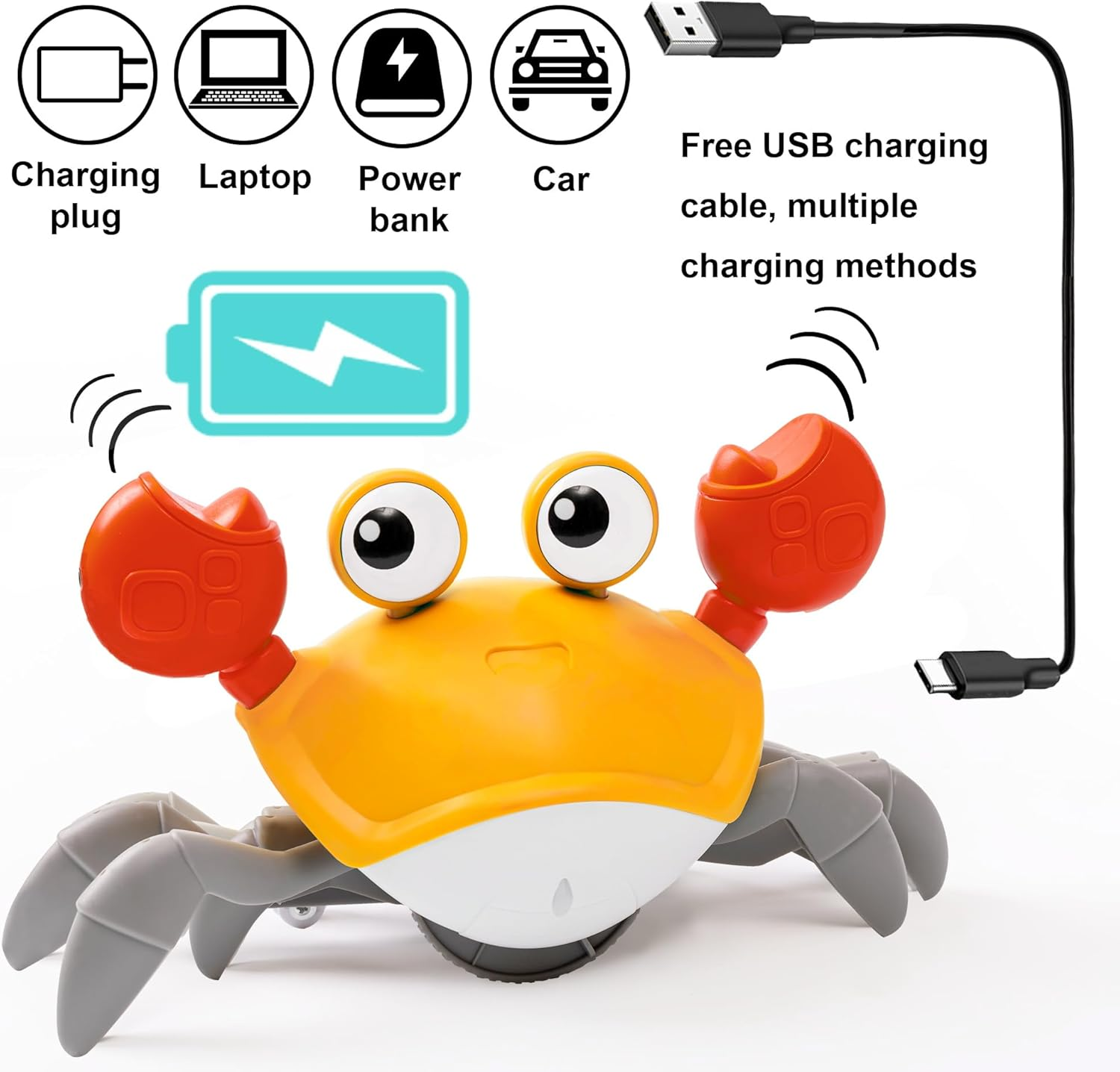 2025 New Crawling Crab Baby Toy, Rechargeable Infant Tummy Time Toys with Music, Lights, 3 Adjustable Speeds＆Silent Function,Crab Crawling Sensory Toy for Toddler, Electronic Pet for Boy Girl (Orange) - Green image number 5