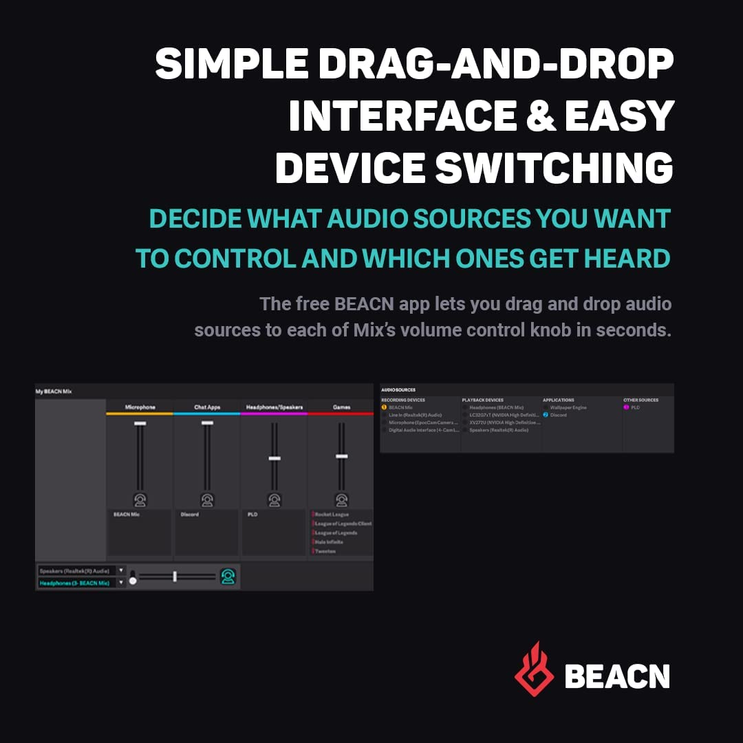 BEACN Mix USB C Audio Controller | Windows and Macos Audio Mixer for Gaming or Work| 4-Channel Audio Control with 5" Full-Color Display & Precision Knobs | Drag-And-Drop Customization (Dark) - Light image number 3