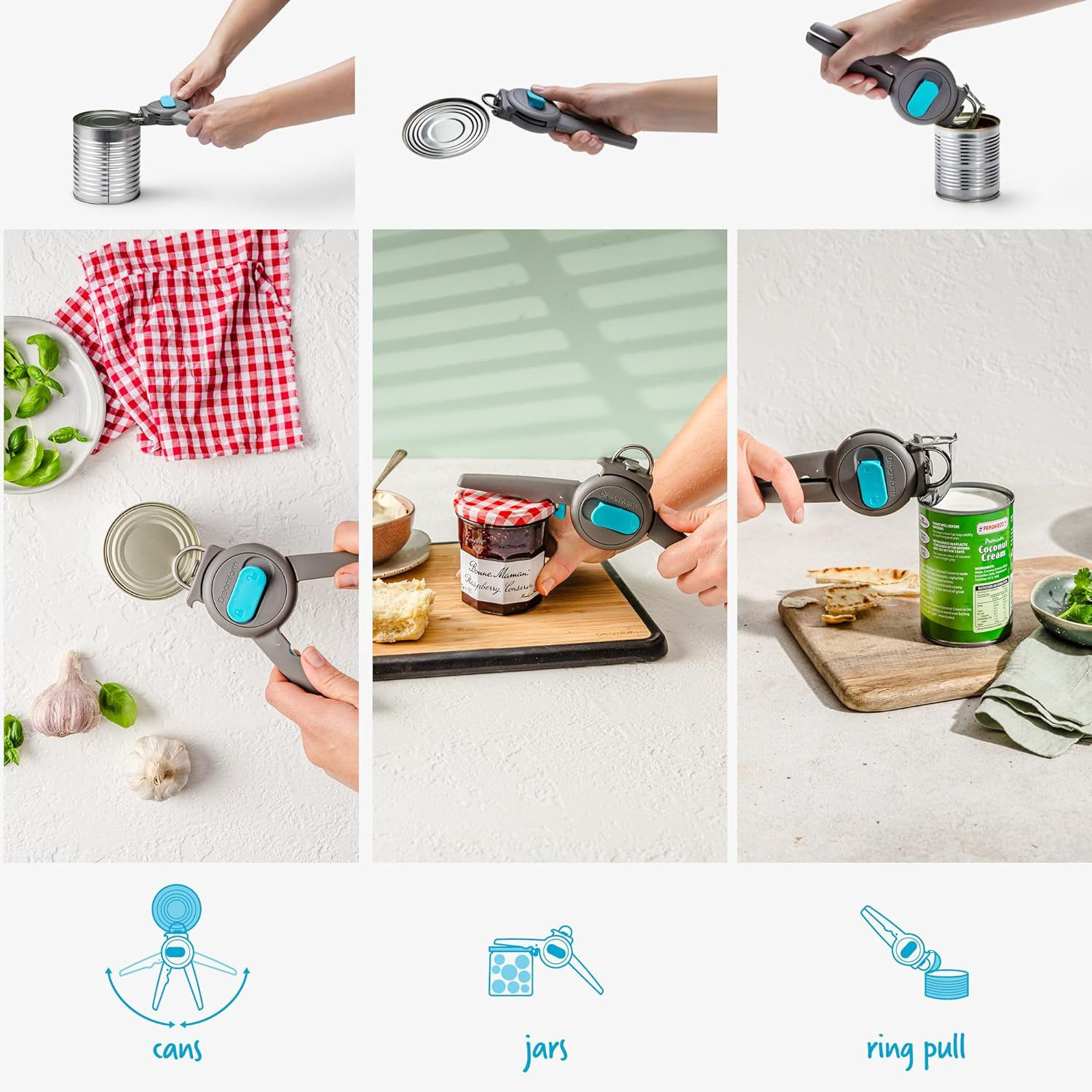 Dreamfarm Dopener 3-In-1 Ergonomic Can Opener Smoothes Can Edges for Safe Removal with Jar Lid Seal-Breaker & Can Ring Puller - Grey - Grey image number 4