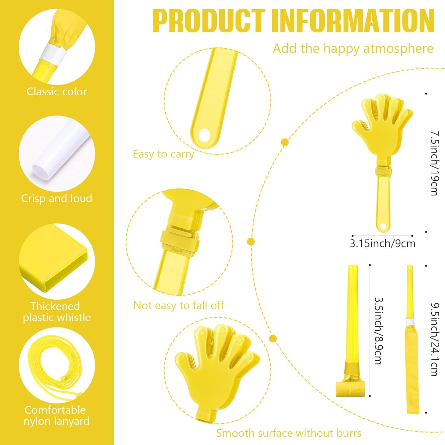 48 Pcs Cheerleading Pom Poms Thunder Sticks Hand Clappers Plastic Whistles with Lanyards Squawker Horns