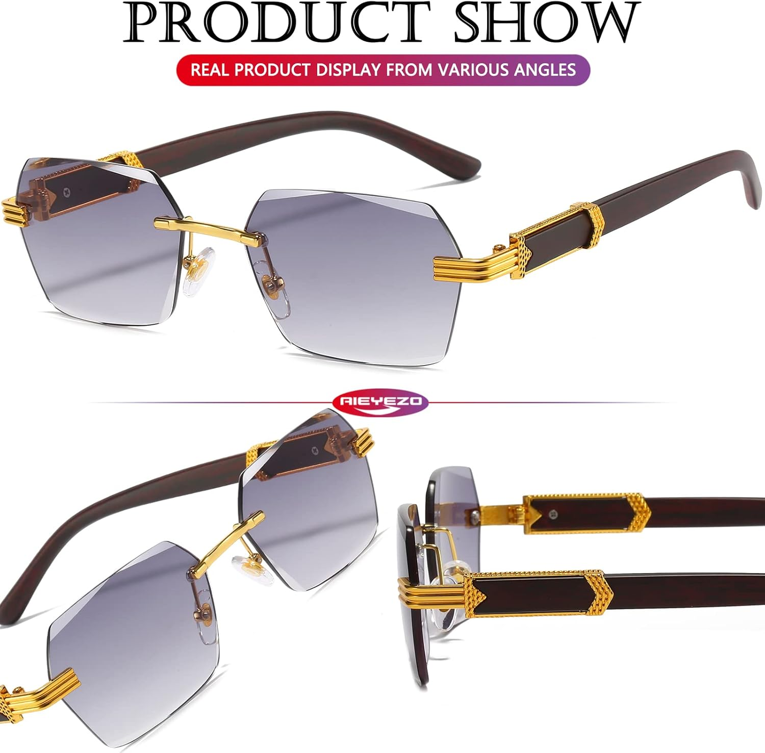 AIEYEZO Retro Rimless Sunglasses Rectangle Women Men Vintage Frameless Sun Glasses Fashion Frameless Square Tinted Glasses image number 3