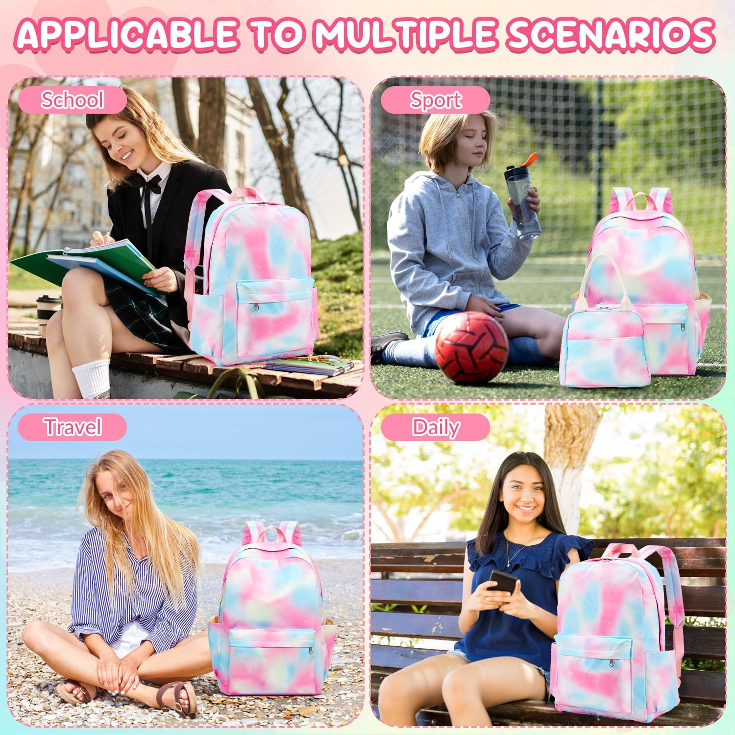 WOTOW Kids Backpack for Girls, Waterproof Large Capacity Schoolbags with Lunch Bag, Pencil Pouch & Card Case, Cute Stationery Set for Children Teens Kindergarten to Middle School