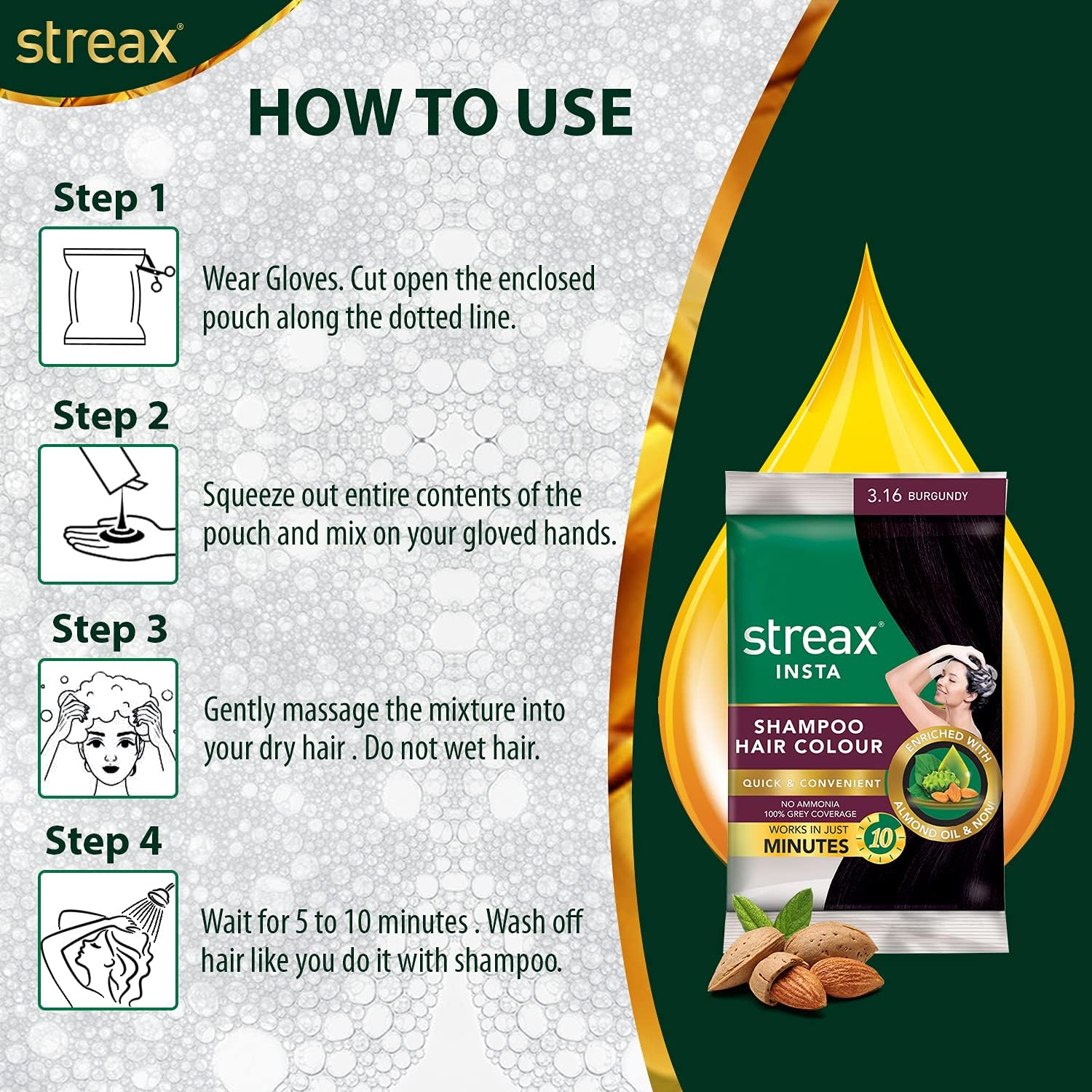 Streax Insta Shampoo Hair Colour for Men & Women | Enriched with Almond Oil & Noni Extracts | Long-Lasting Instant Colour | Burgundy, 15 Ml (Pack of 16) image number 3